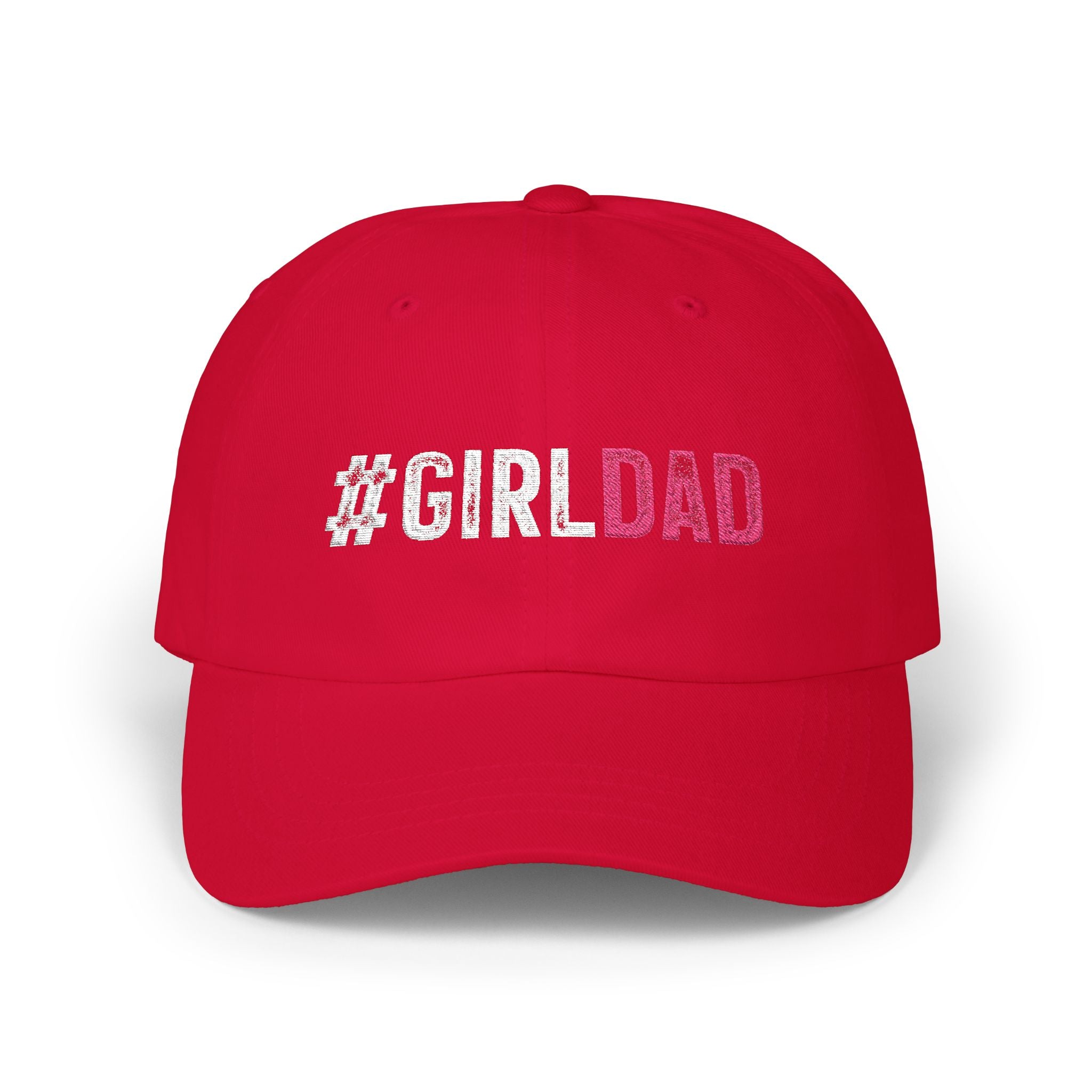 #GIRLDAD Embroidered Classic Dad Cap — Pink & White Distressed Hat for Proud Fathers