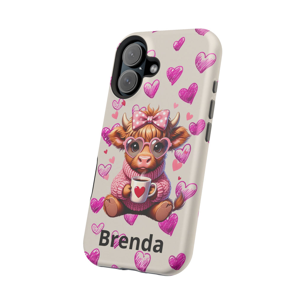Highland Cow With Pink Hearts iPhone Case, Valentines Magnetic Impact-Resistant Case
