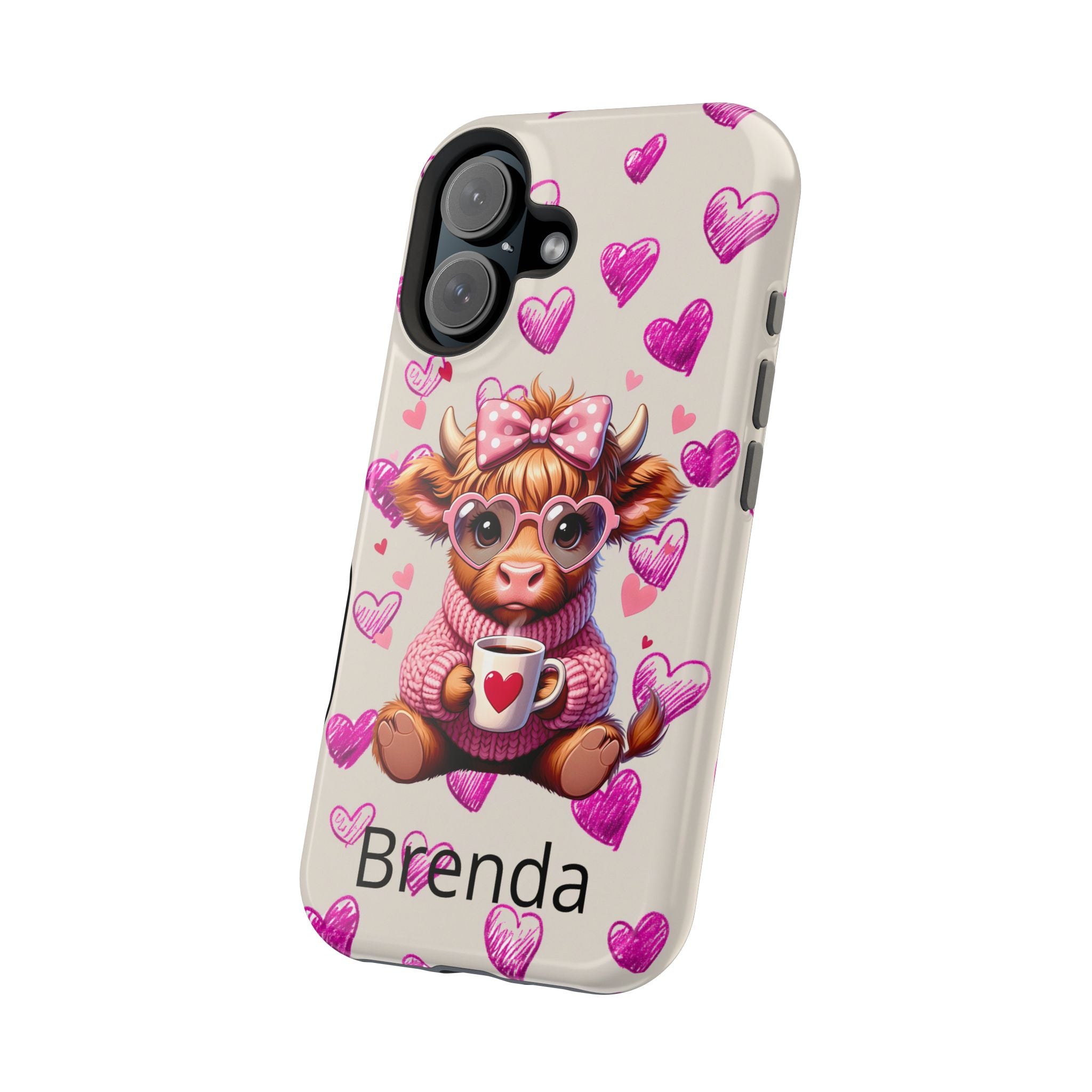 Highland Cow With Pink Hearts iPhone Case, Valentines Magnetic Impact-Resistant Case
