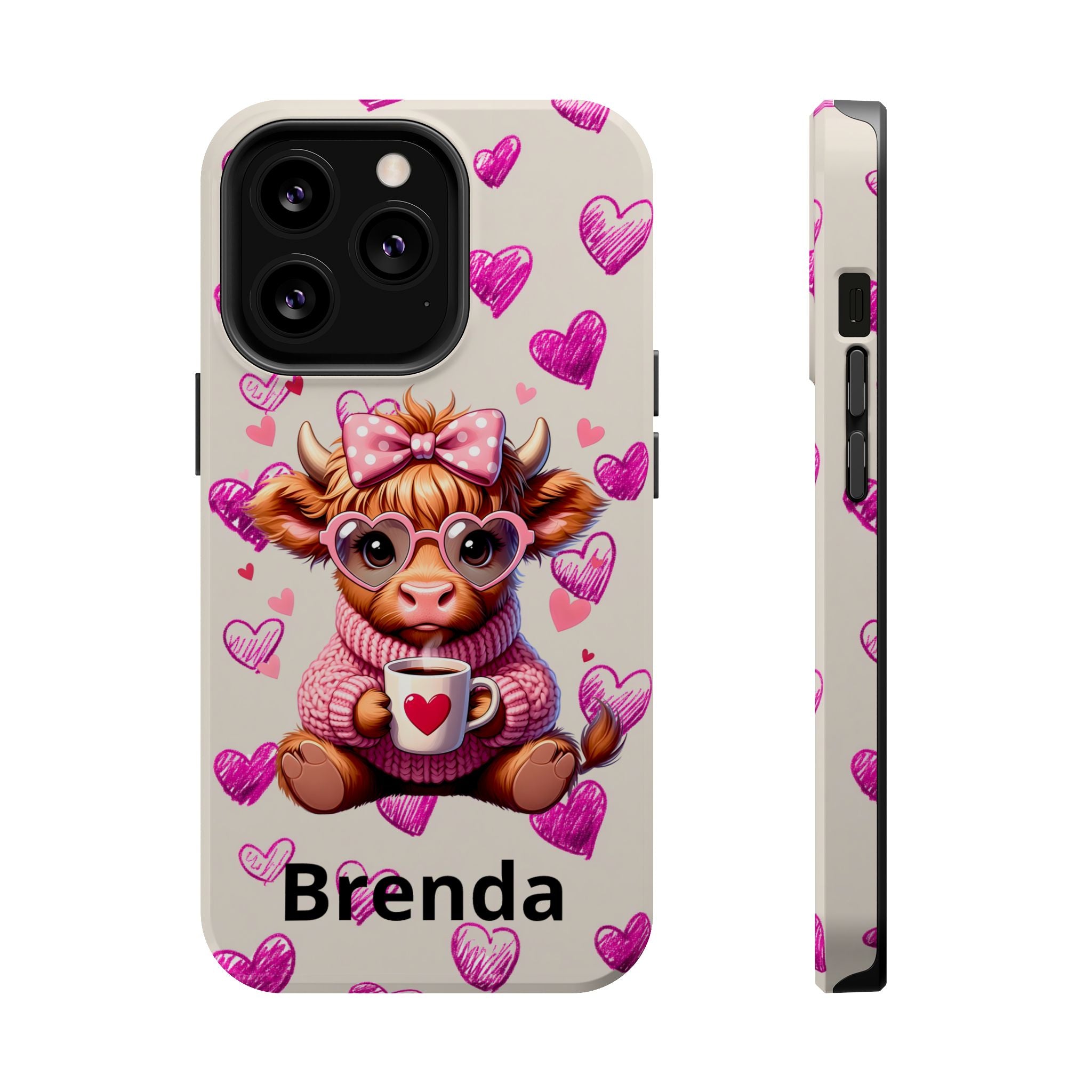 Highland Cow With Pink Hearts iPhone Case, Valentines Magnetic Impact-Resistant Case