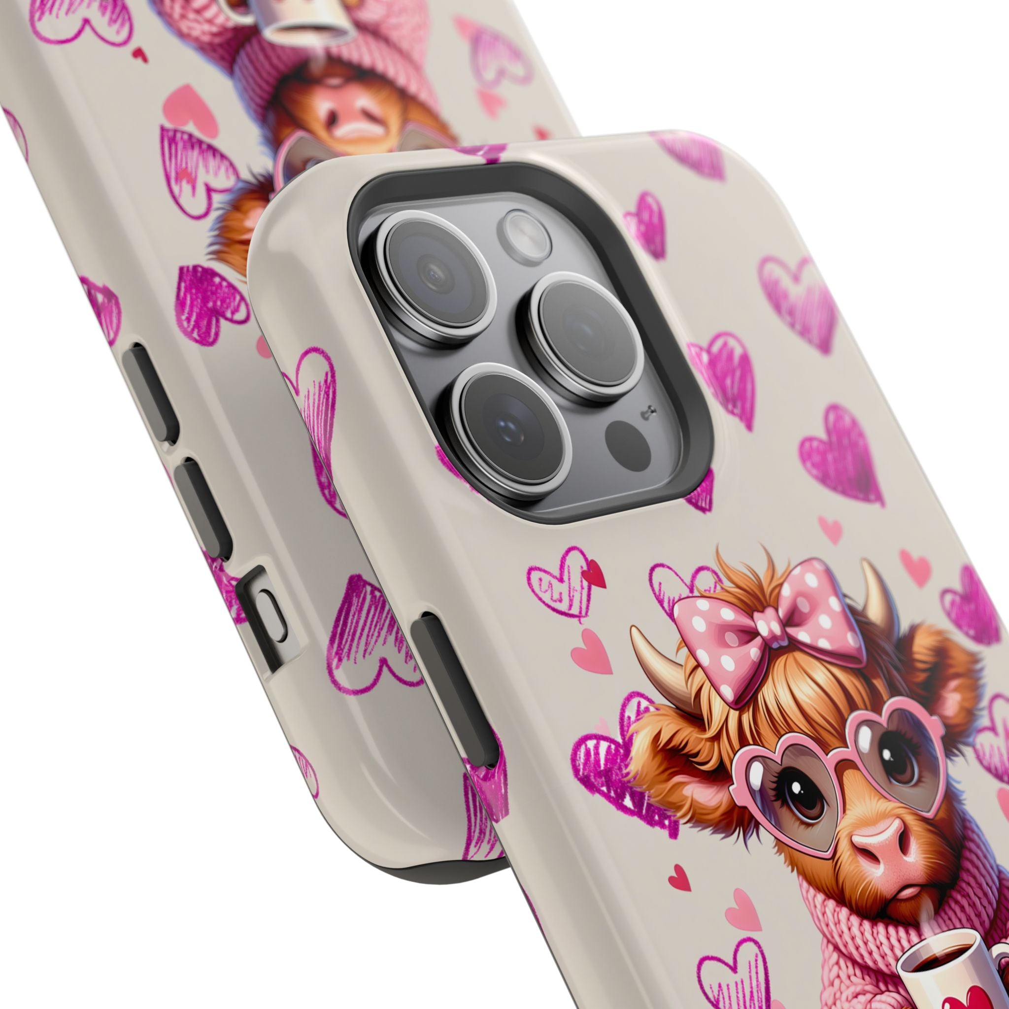 Highland Cow With Pink Hearts iPhone Case, Valentines Magnetic Impact-Resistant Case