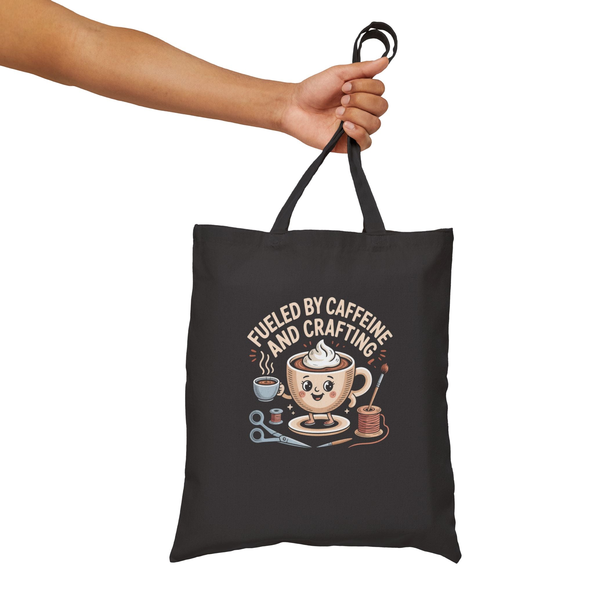 Fueled By Caffeine and Crafting Cotton Canvas Tote Bag, Black or Neutral Color, Reusable Grocery Bag, Crafting Group Matching Totes