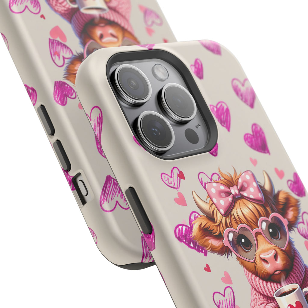 Highland Cow With Pink Hearts iPhone Case, Valentines Magnetic Impact-Resistant Case