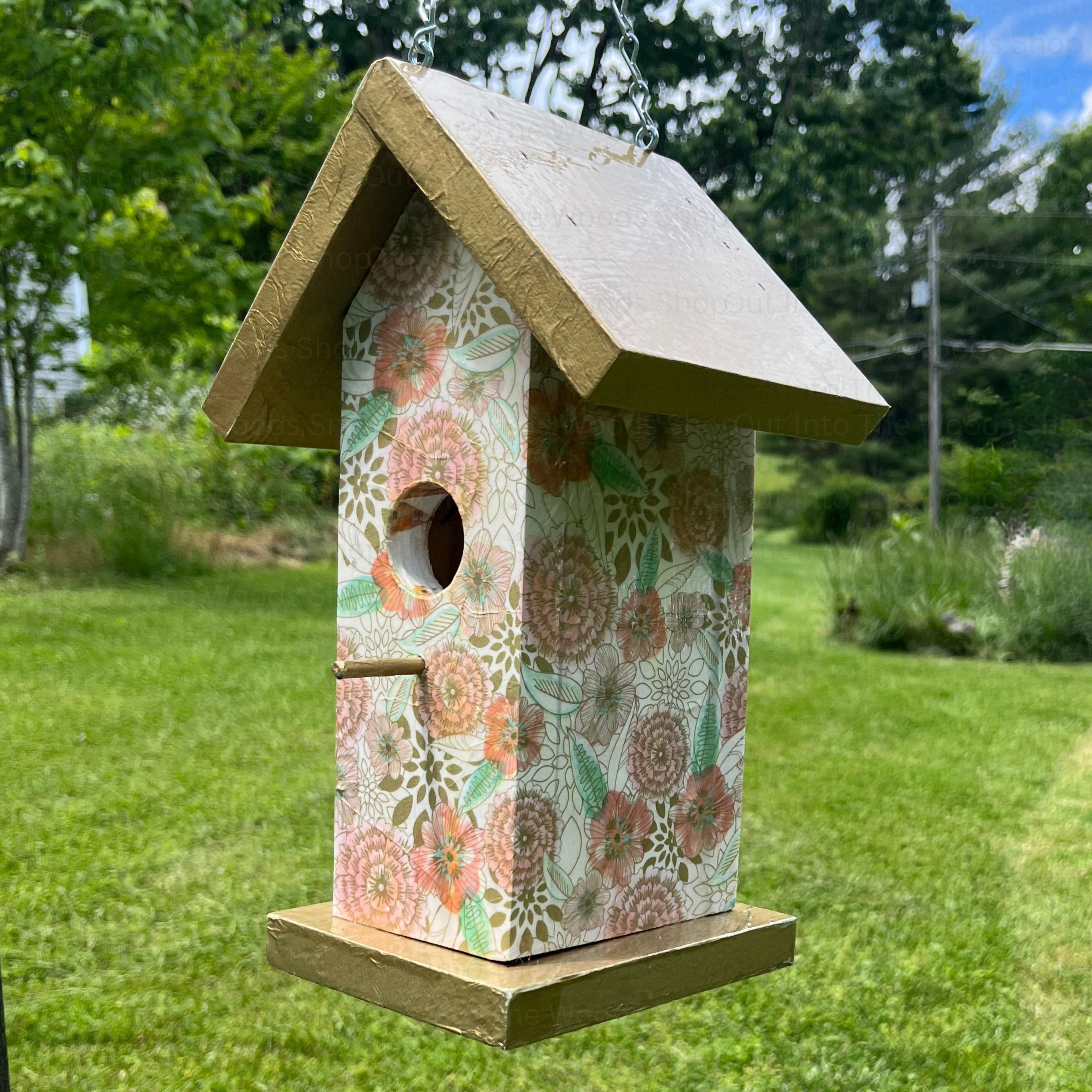 Handmade Gold Floral Wooden Birdhouse