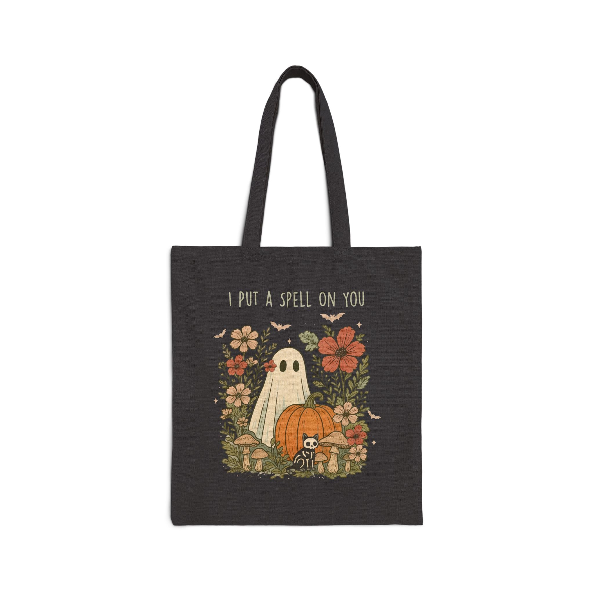 Floral Cottagecore Cotton Canvas Spooky Season Tote Bag,  Reusable Halloween Computer Bag, Cozy Fall Themed Teacher Gift, Trick-or-treat bag