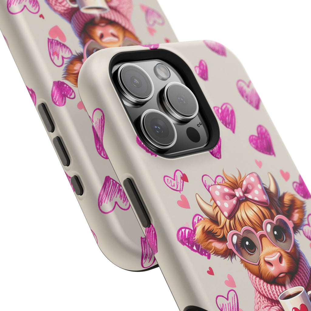 Highland Cow With Pink Hearts iPhone Case, Valentines Magnetic Impact-Resistant Case