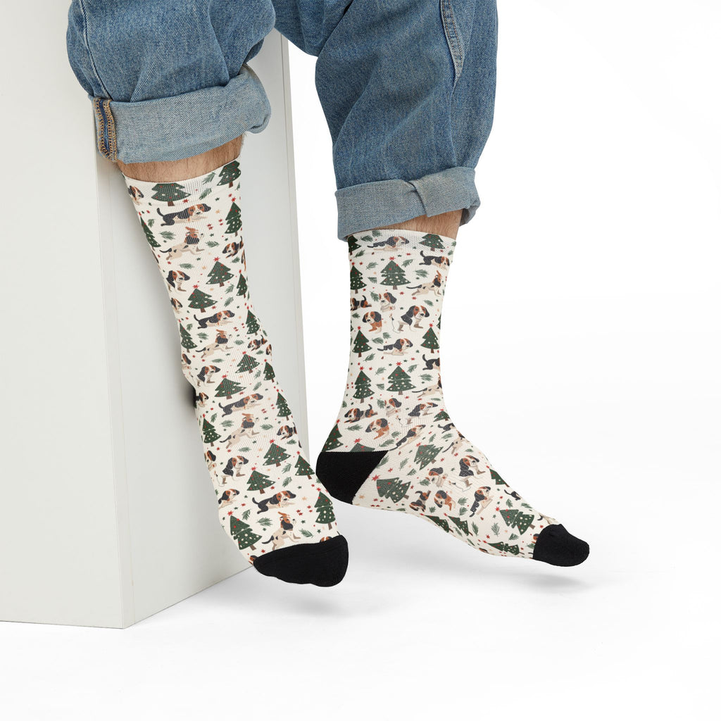 Christmas Woodland Dogs Crew Socks — Cute Holiday Trees & Beagles Sublimation Socks