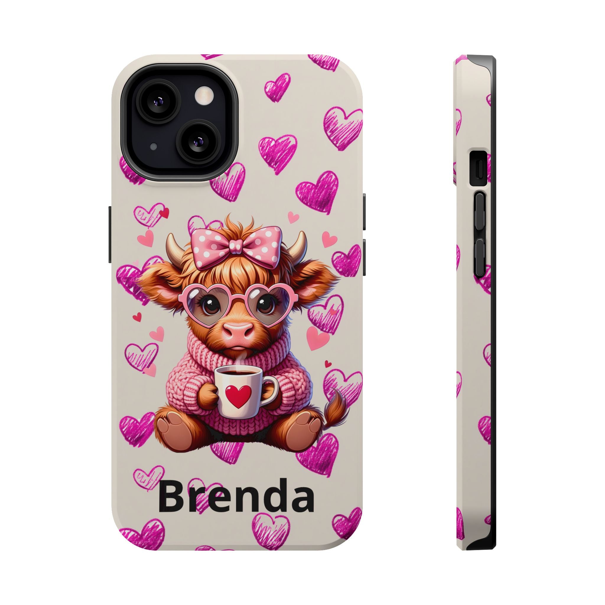 Highland Cow With Pink Hearts iPhone Case, Valentines Magnetic Impact-Resistant Case