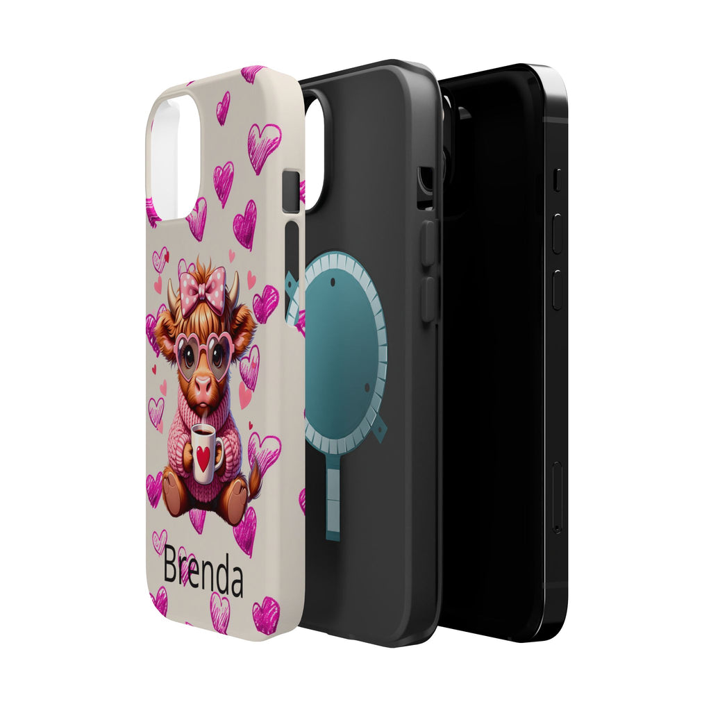 Highland Cow With Pink Hearts iPhone Case, Valentines Magnetic Impact-Resistant Case