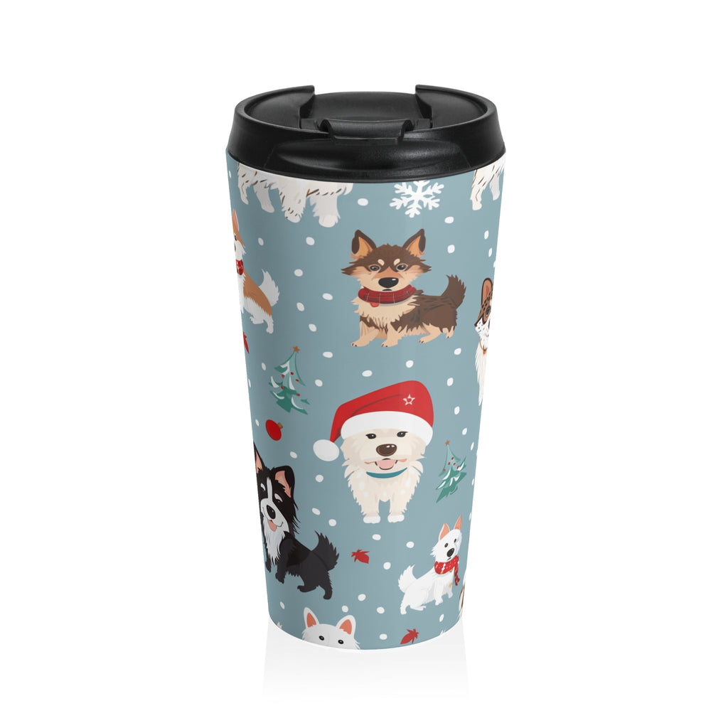 Holiday Puppy Pattern Stainless Steel Travel Mug — Cute Christmas Dogs Design