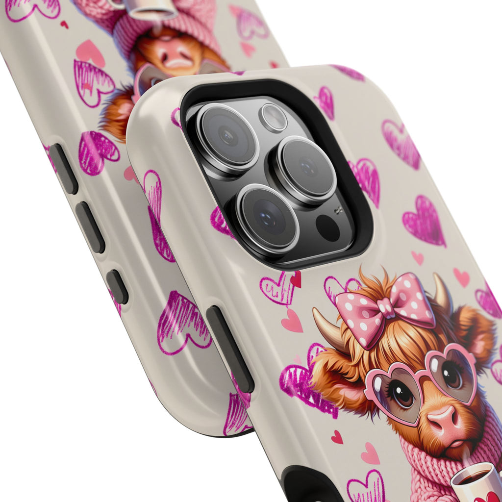 Highland Cow With Pink Hearts iPhone Case, Valentines Magnetic Impact-Resistant Case