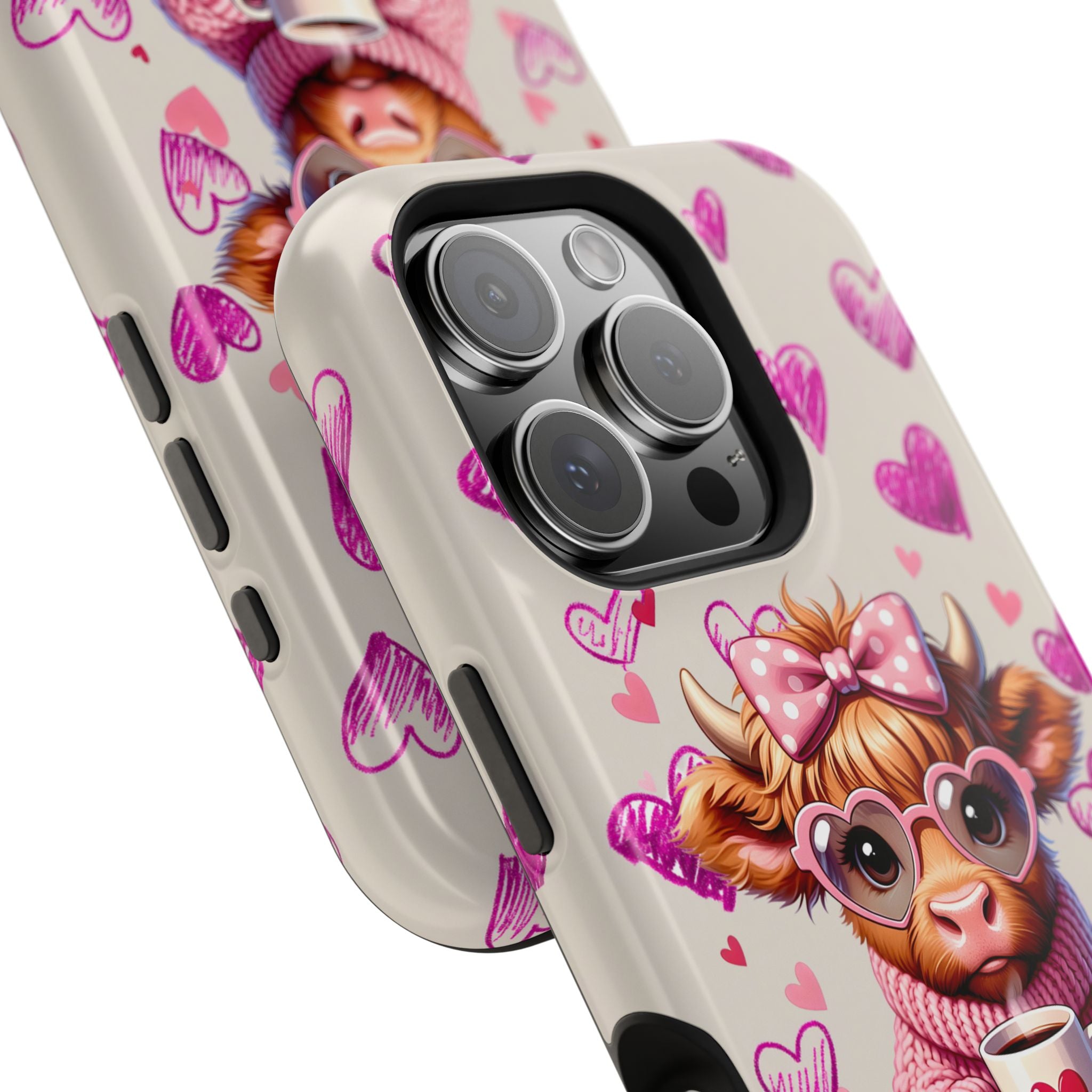 Highland Cow With Pink Hearts iPhone Case, Valentines Magnetic Impact-Resistant Case