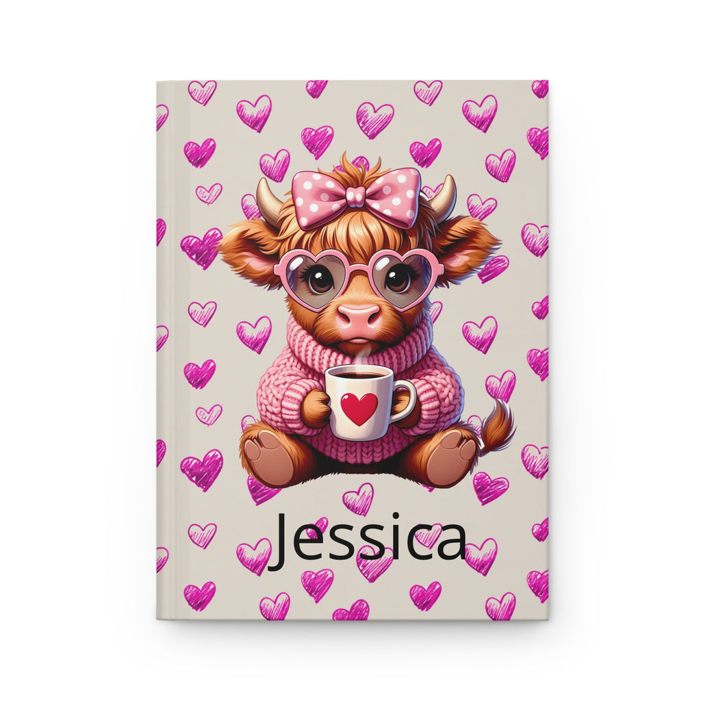 Personalized Highland Cow with Hearts Hardcover Journal, Custom Valentines Diary Notebook