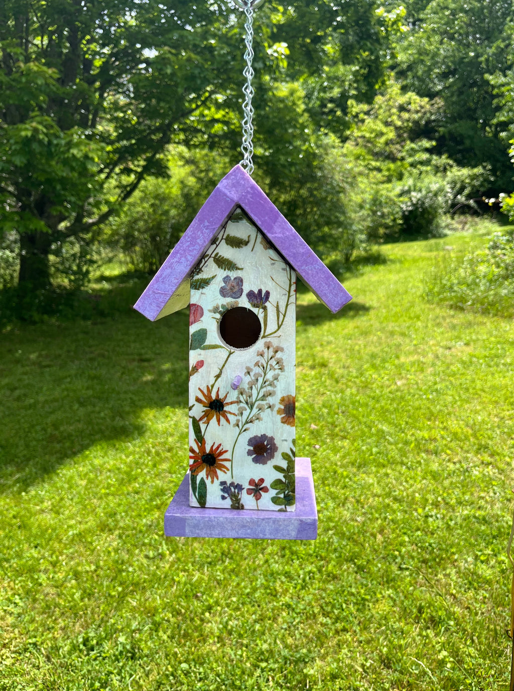 Handmade Purple Wildflower Wooden Birdhouse