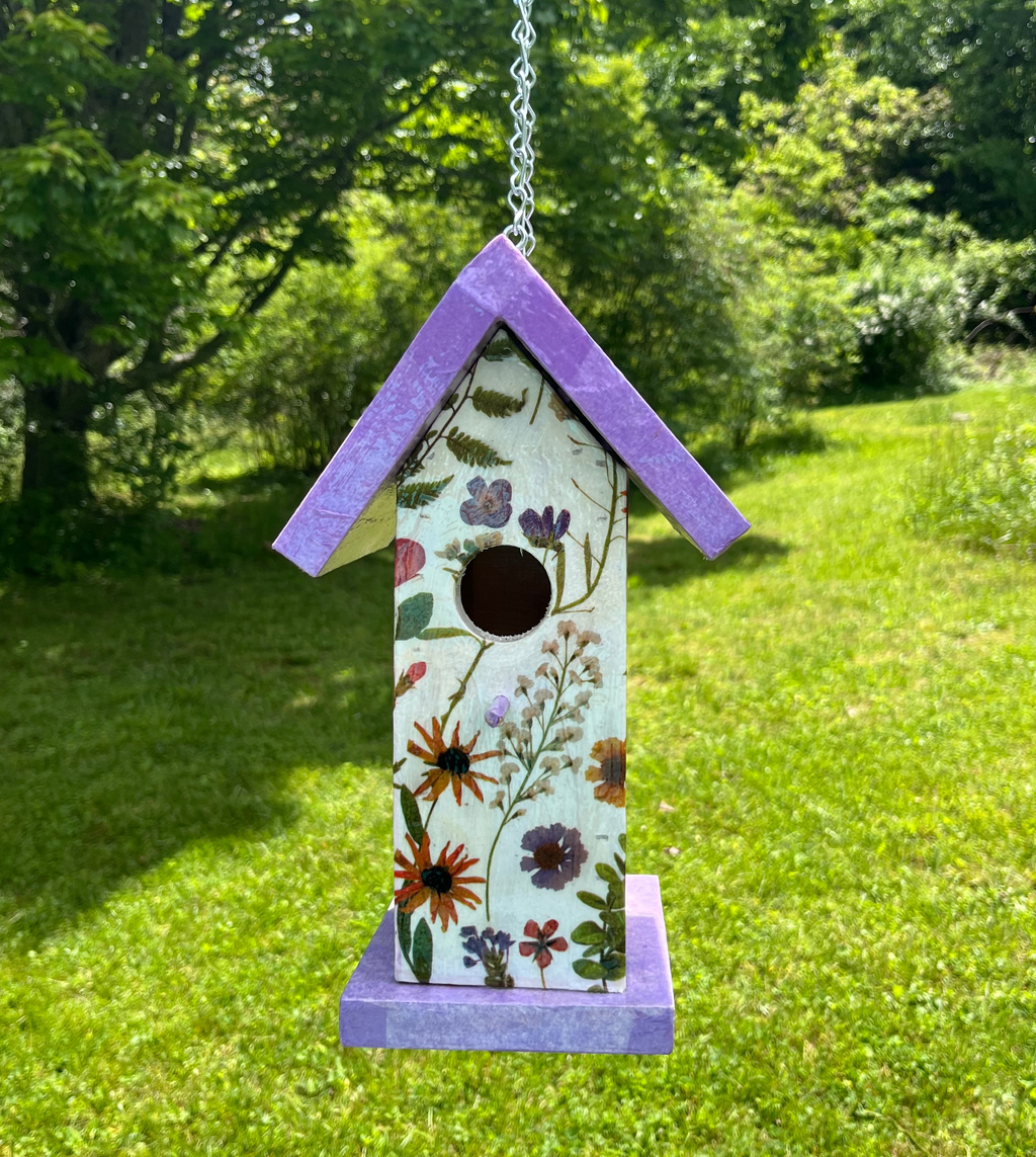 Handmade Purple Wildflower Wooden Birdhouse