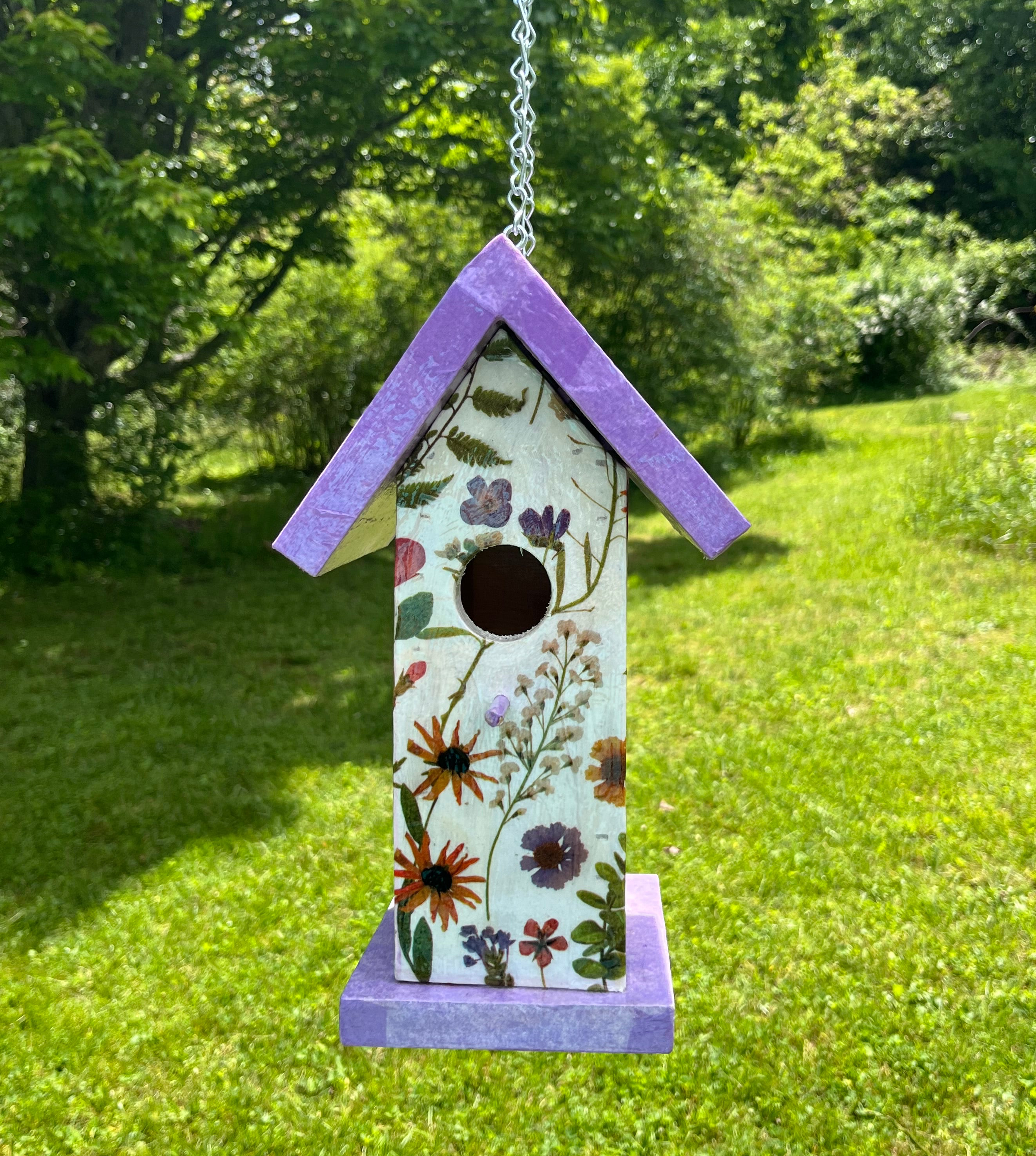 Handmade Purple Wildflower Wooden Birdhouse
