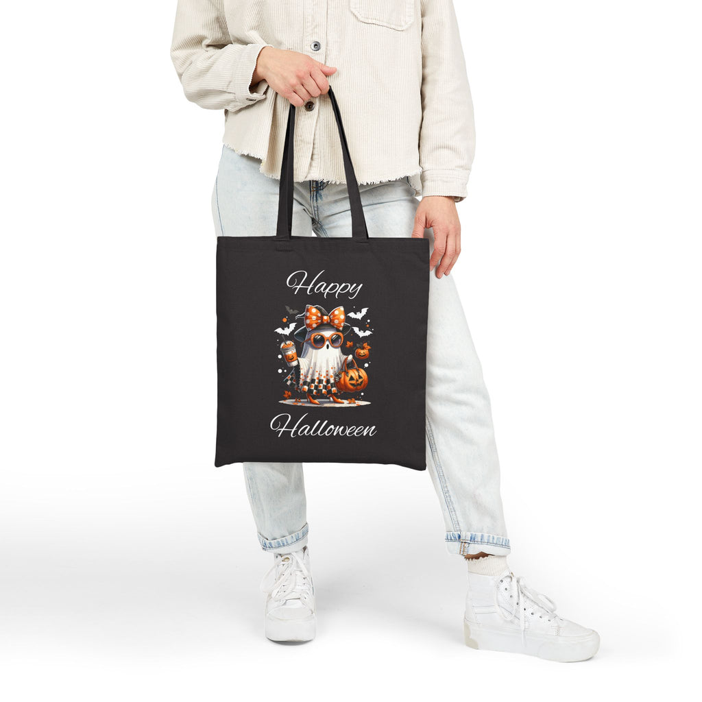 Cotton Canvas Halloween Trick or Treat Tote Bag, Fall Decor Reusable Shopping Bag Bougie Ghost Design Teacher Gift Sturdy Student Laptop Bag