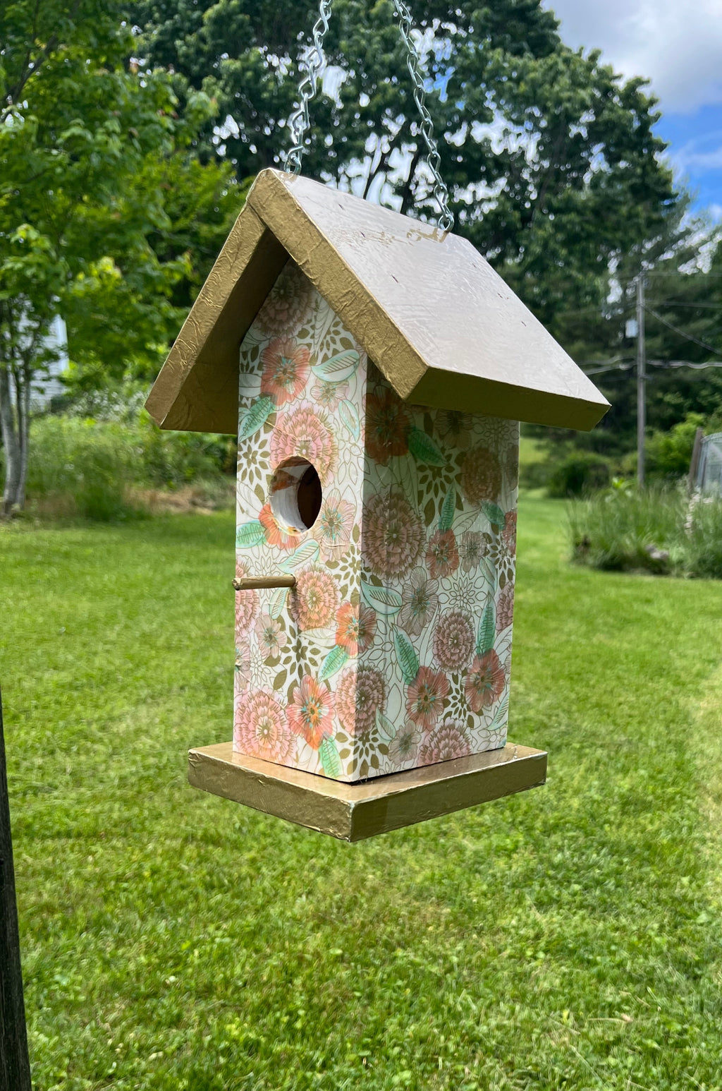Handmade Gold Floral Wooden Birdhouse