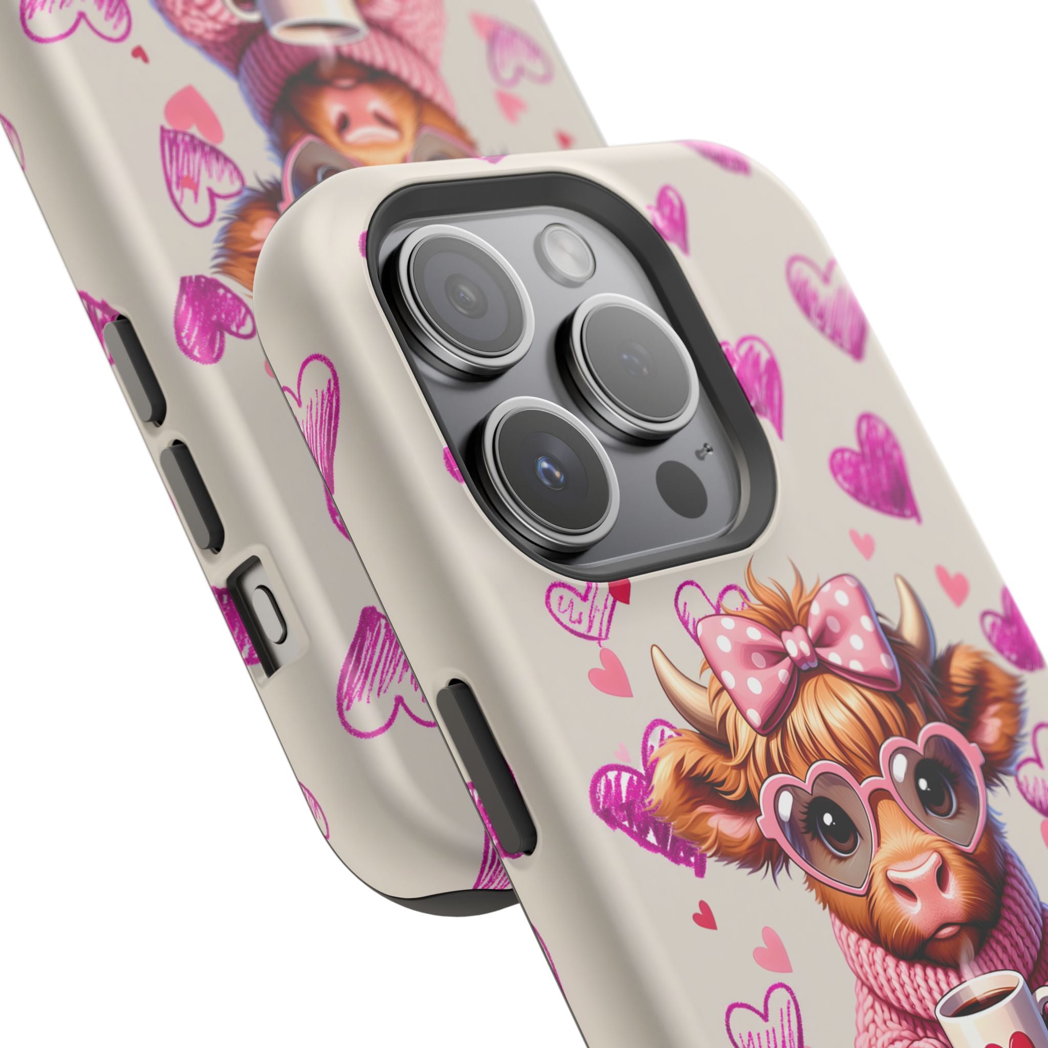 Highland Cow With Pink Hearts iPhone Case, Valentines Magnetic Impact-Resistant Case