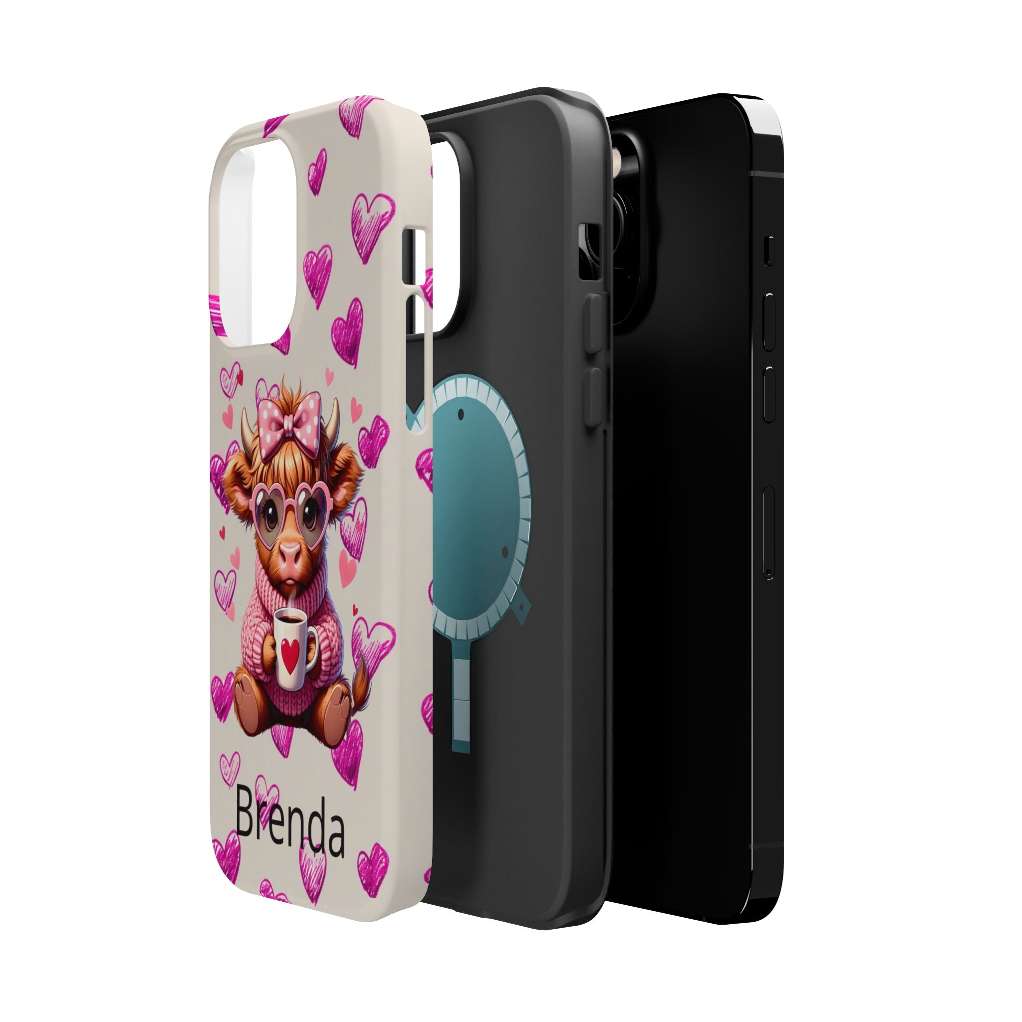 Highland Cow With Pink Hearts iPhone Case, Valentines Magnetic Impact-Resistant Case
