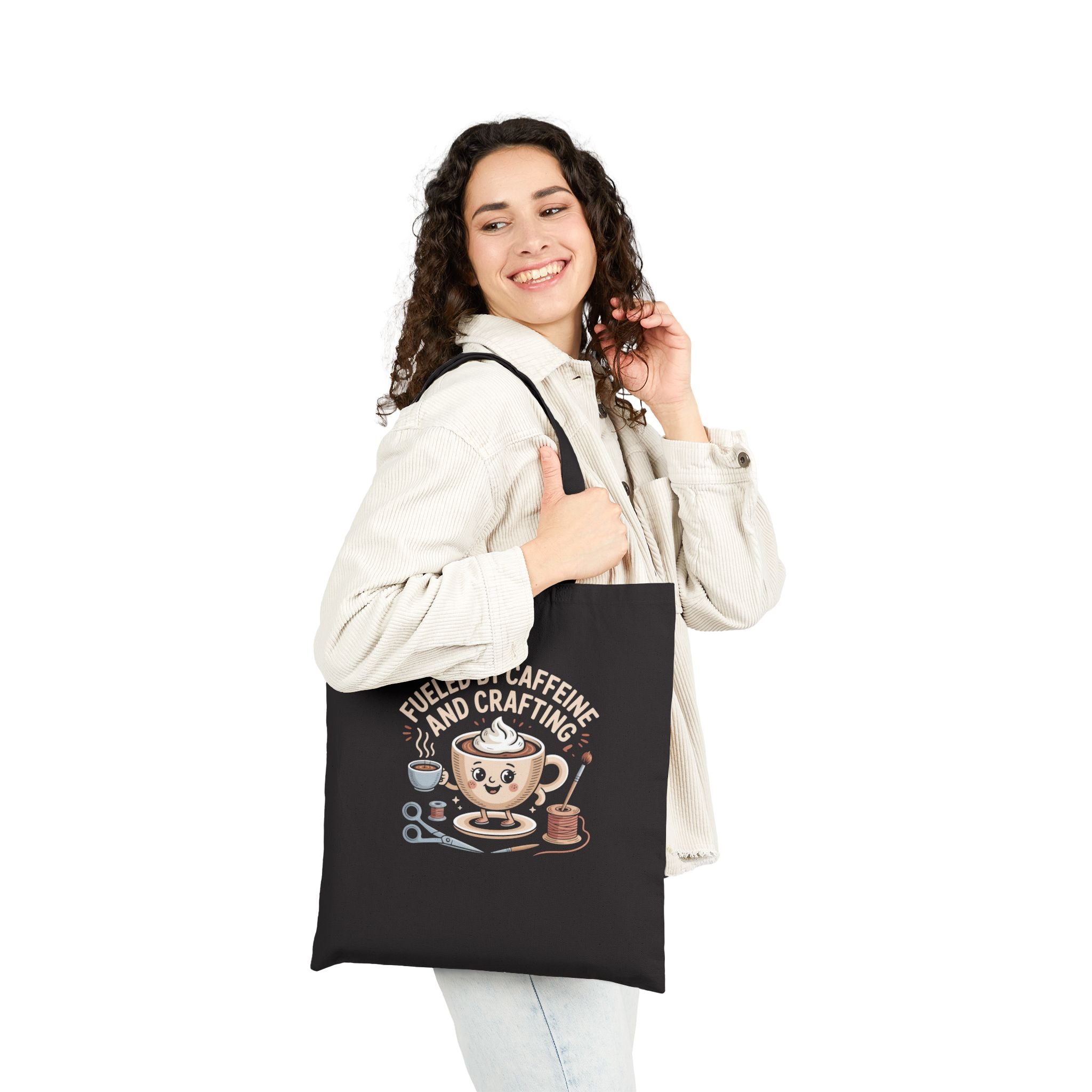 Fueled By Caffeine and Crafting Cotton Canvas Tote Bag, Black or Neutral Color, Reusable Grocery Bag, Crafting Group Matching Totes