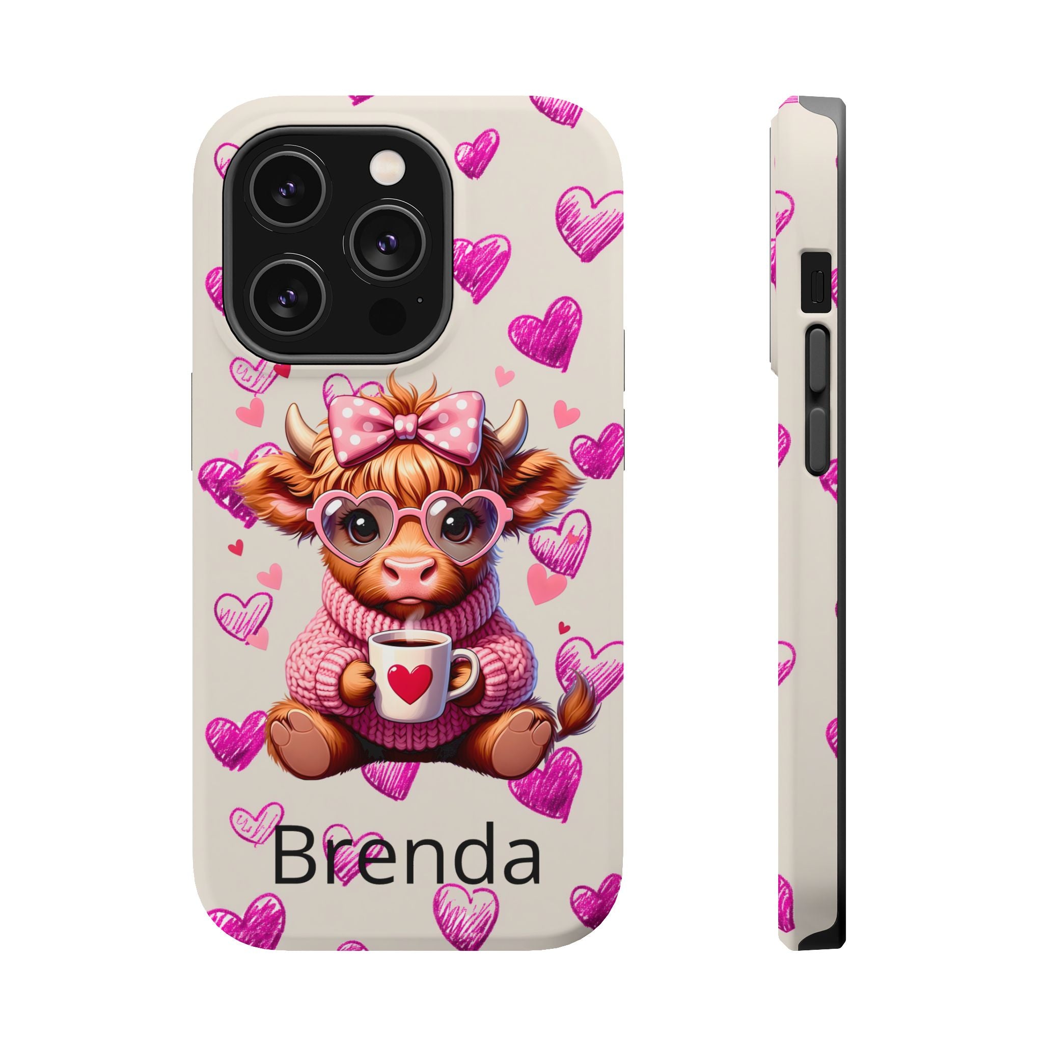 Highland Cow With Pink Hearts iPhone Case, Valentines Magnetic Impact-Resistant Case
