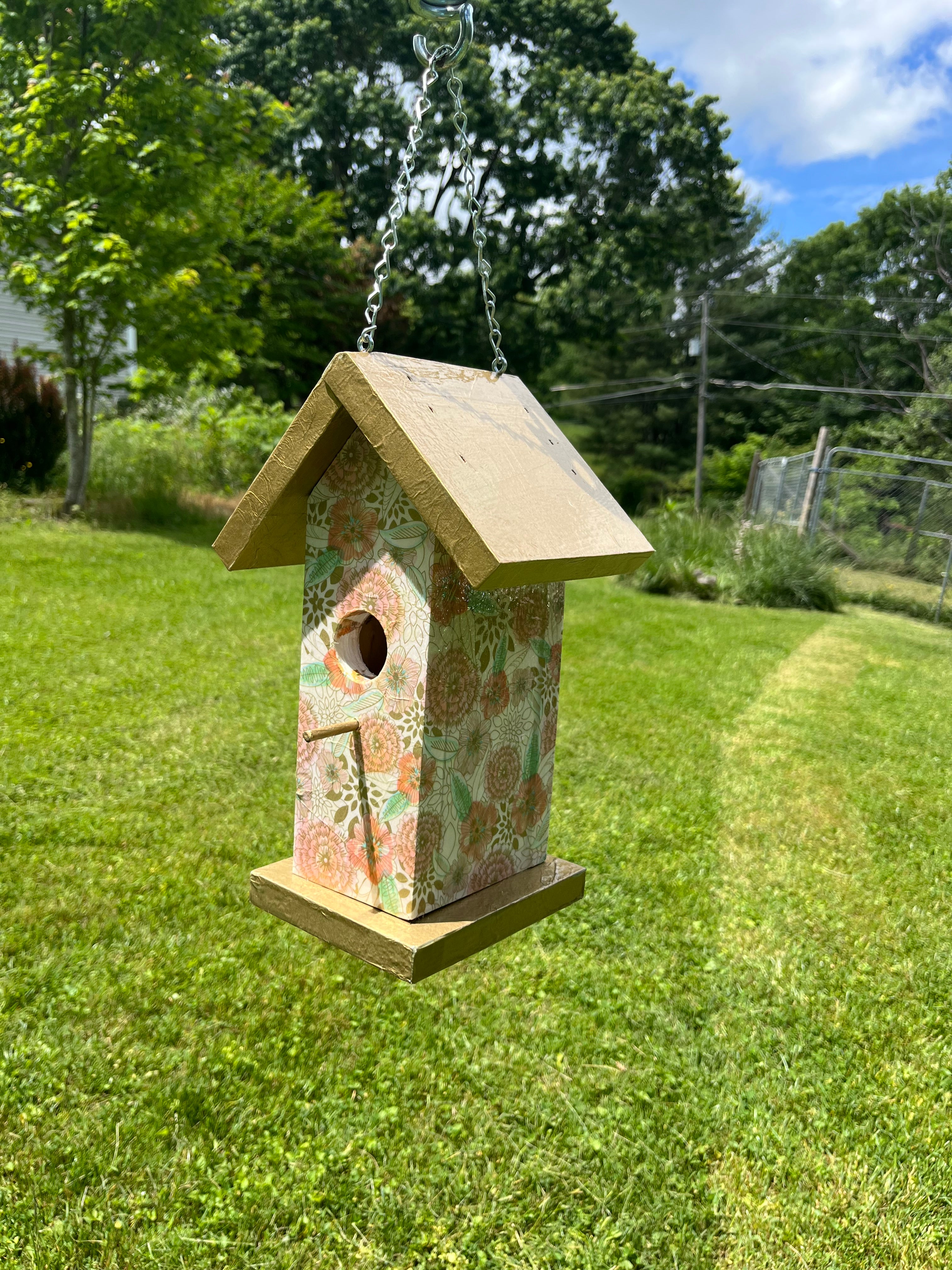 Handmade Gold Floral Wooden Birdhouse