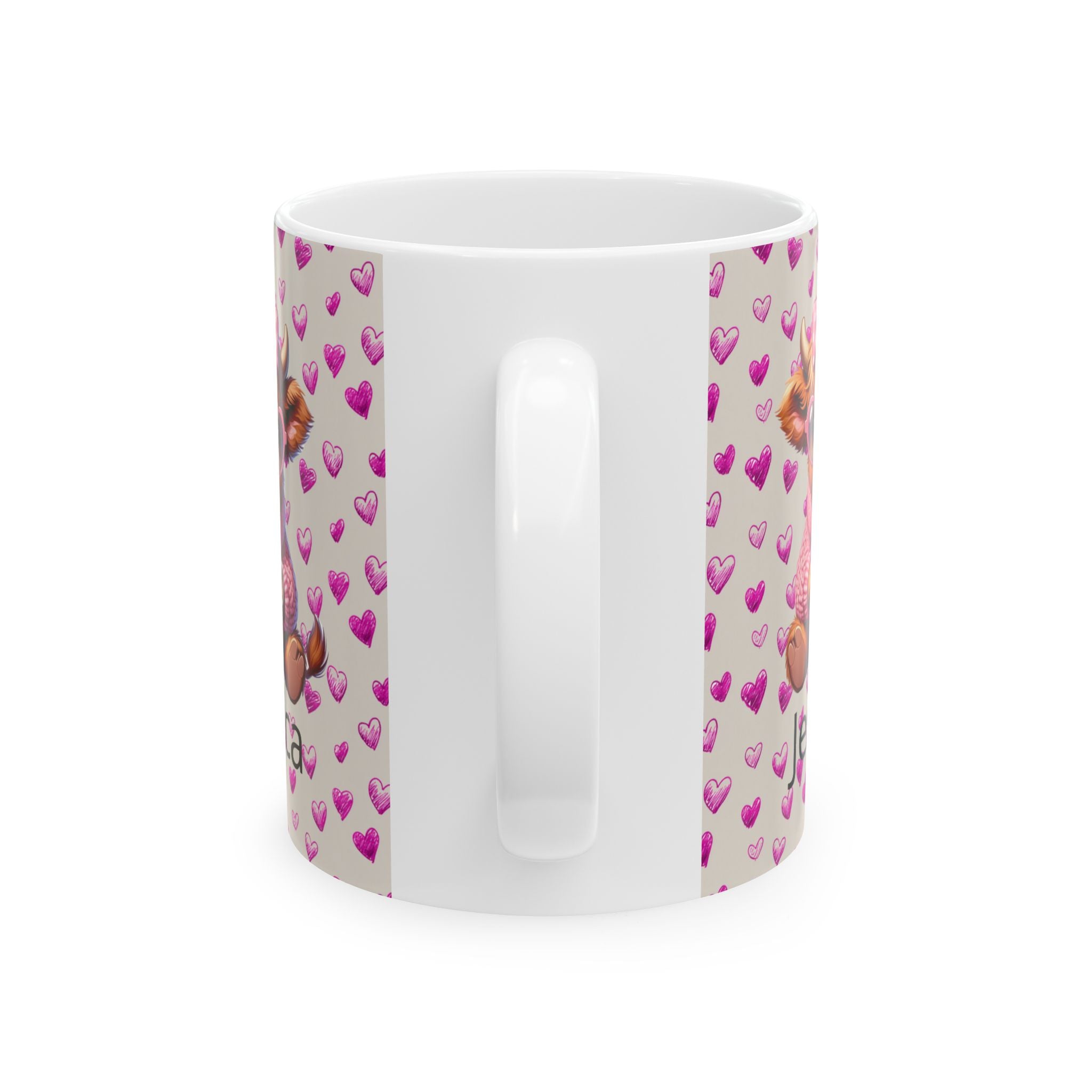 Custom Highland Cow With Pink Hearts Mug, Personalized Valentine Ceramic Coffee Cup