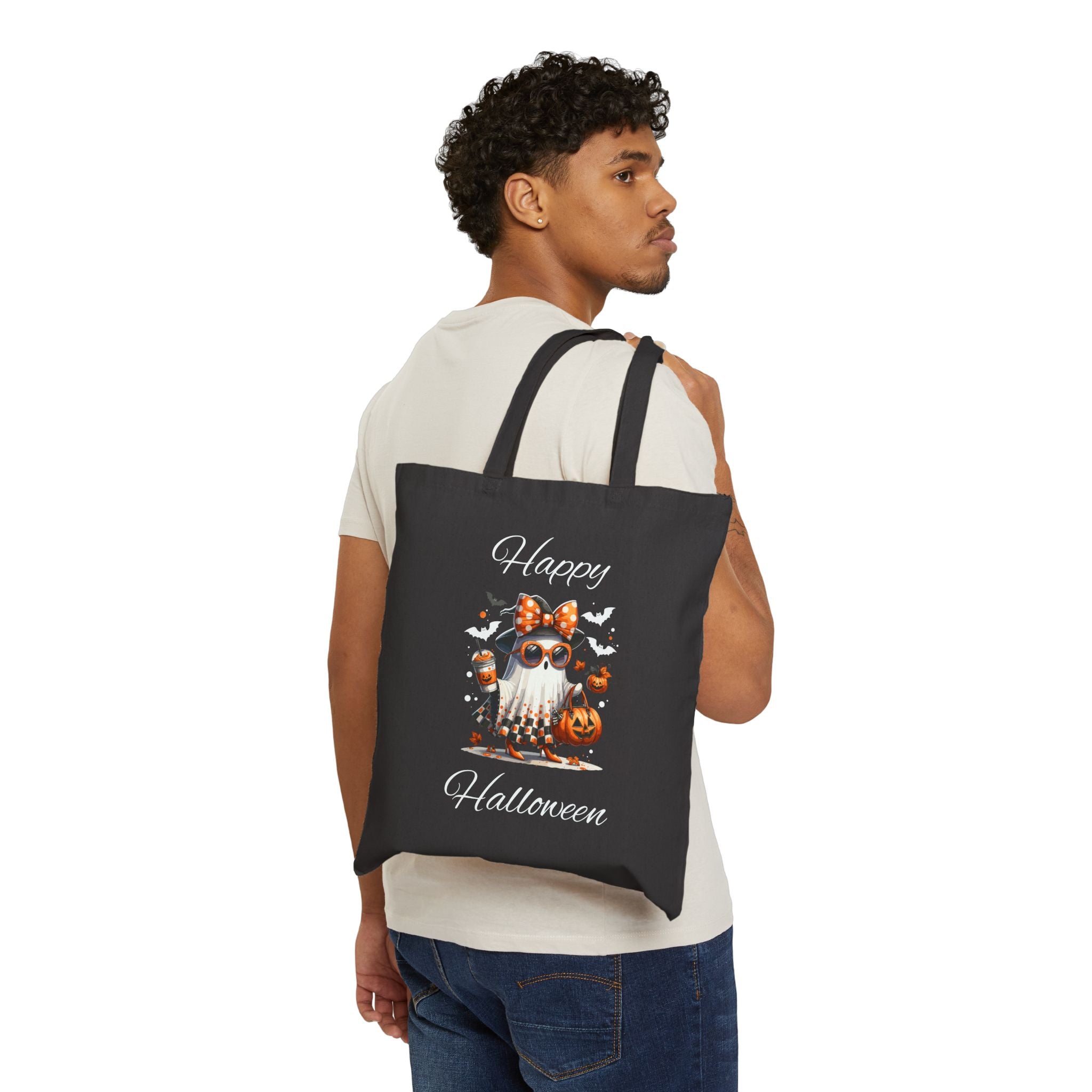 Cotton Canvas Halloween Trick or Treat Tote Bag, Fall Decor Reusable Shopping Bag Bougie Ghost Design Teacher Gift Sturdy Student Laptop Bag
