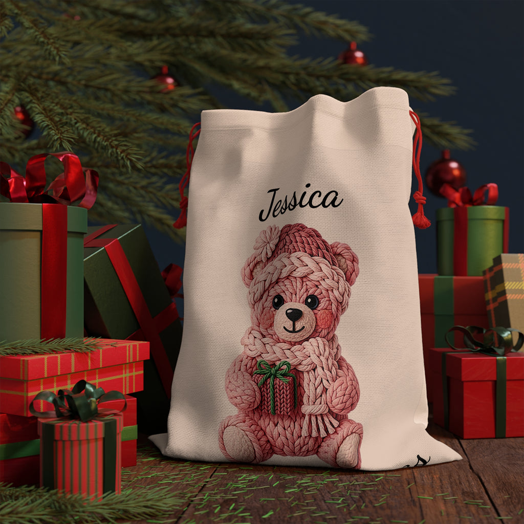 Custom Name Pink Teddy Bear Christmas Gift Bag – Faux Embroidery Santa Sack