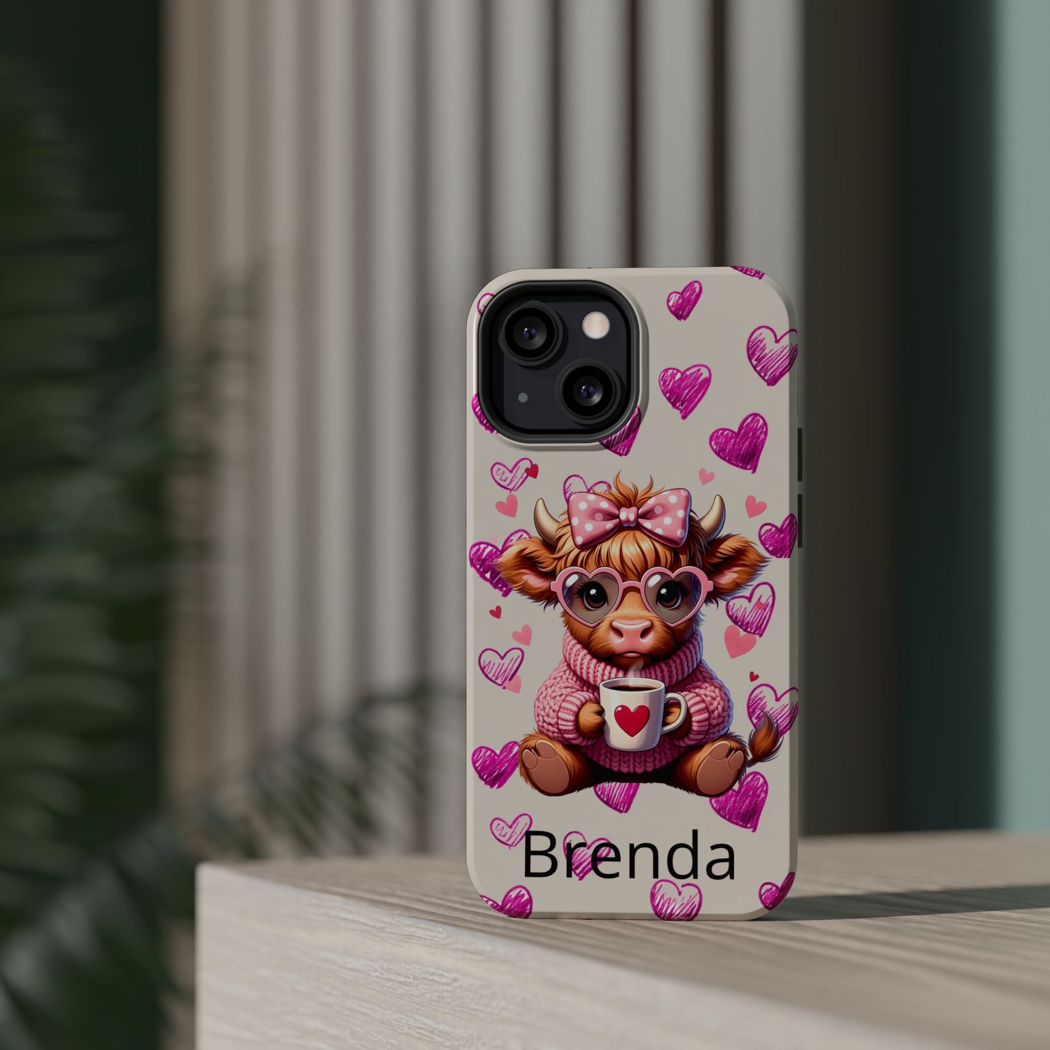 Highland Cow With Pink Hearts iPhone Case, Valentines Magnetic Impact-Resistant Case