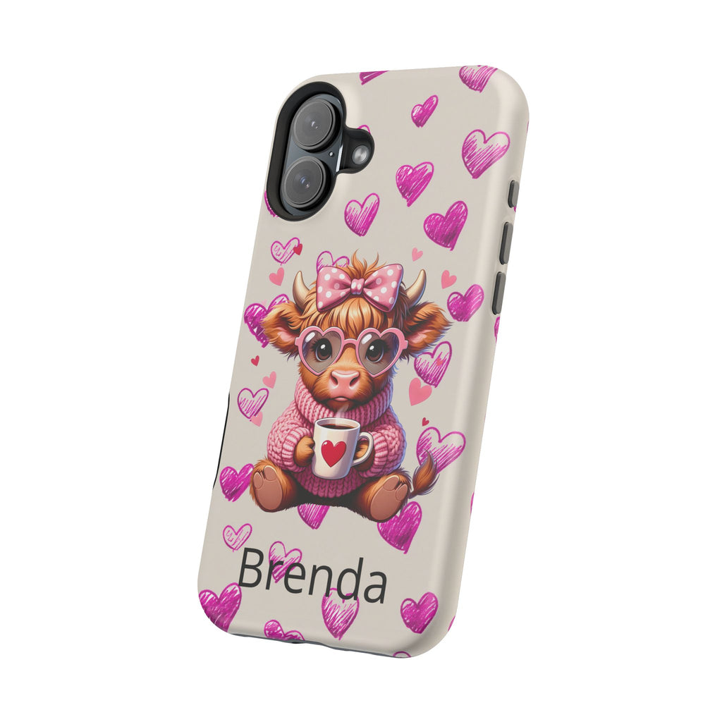 Highland Cow With Pink Hearts iPhone Case, Valentines Magnetic Impact-Resistant Case
