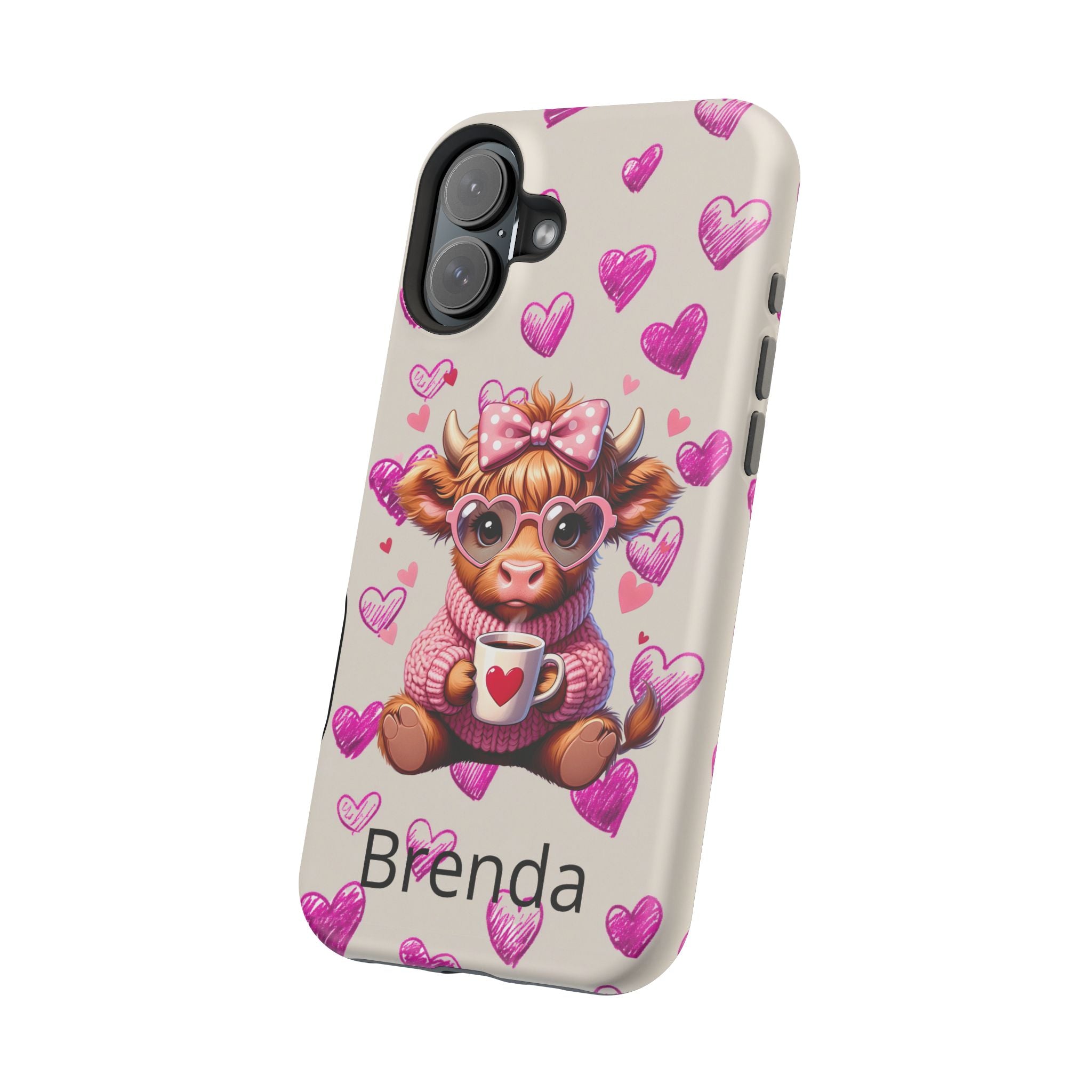Highland Cow With Pink Hearts iPhone Case, Valentines Magnetic Impact-Resistant Case