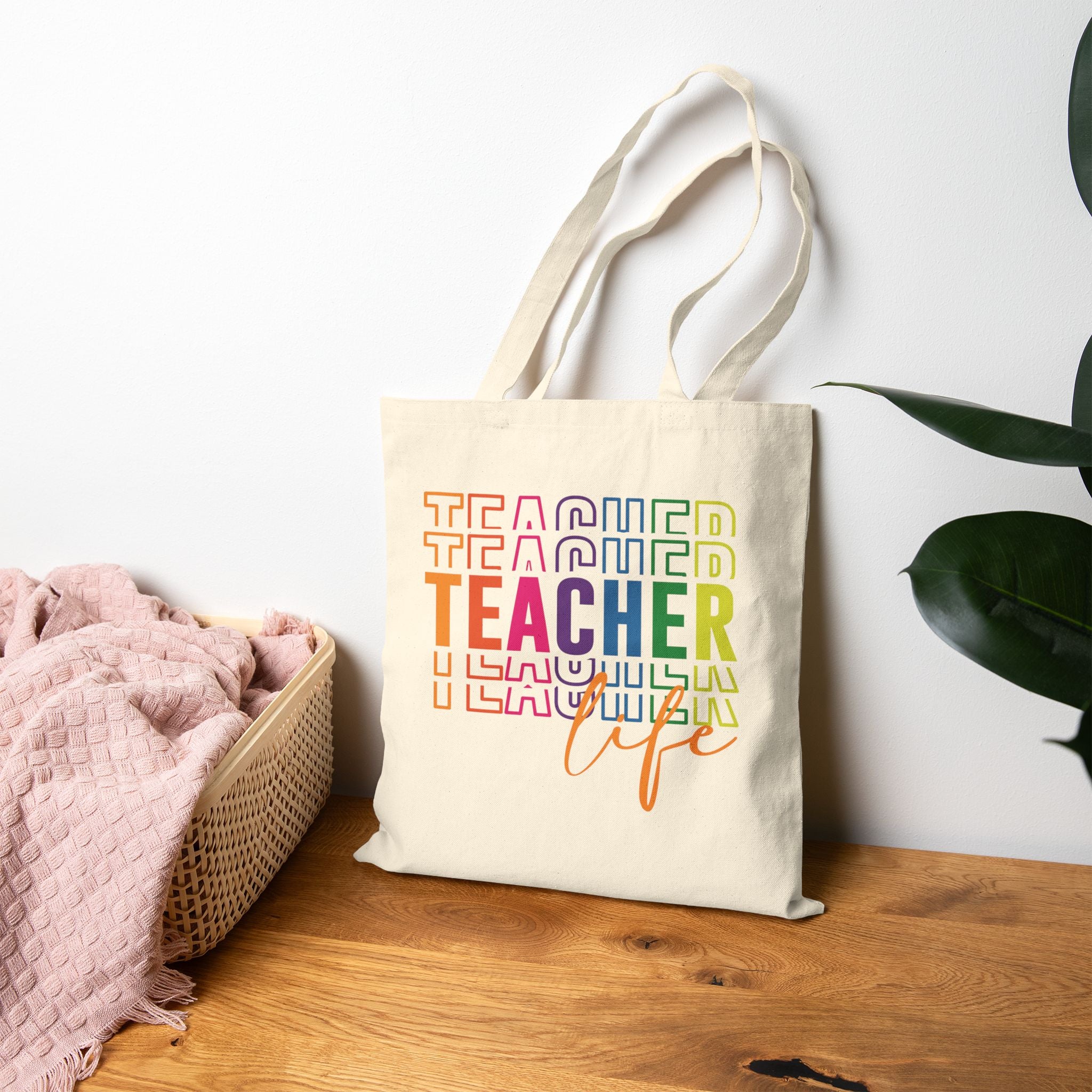 Colorful Teacher Life Tote Bag, End of Year Teacher Appreciation Gift, Reusable Rainbow Shopping Bag
