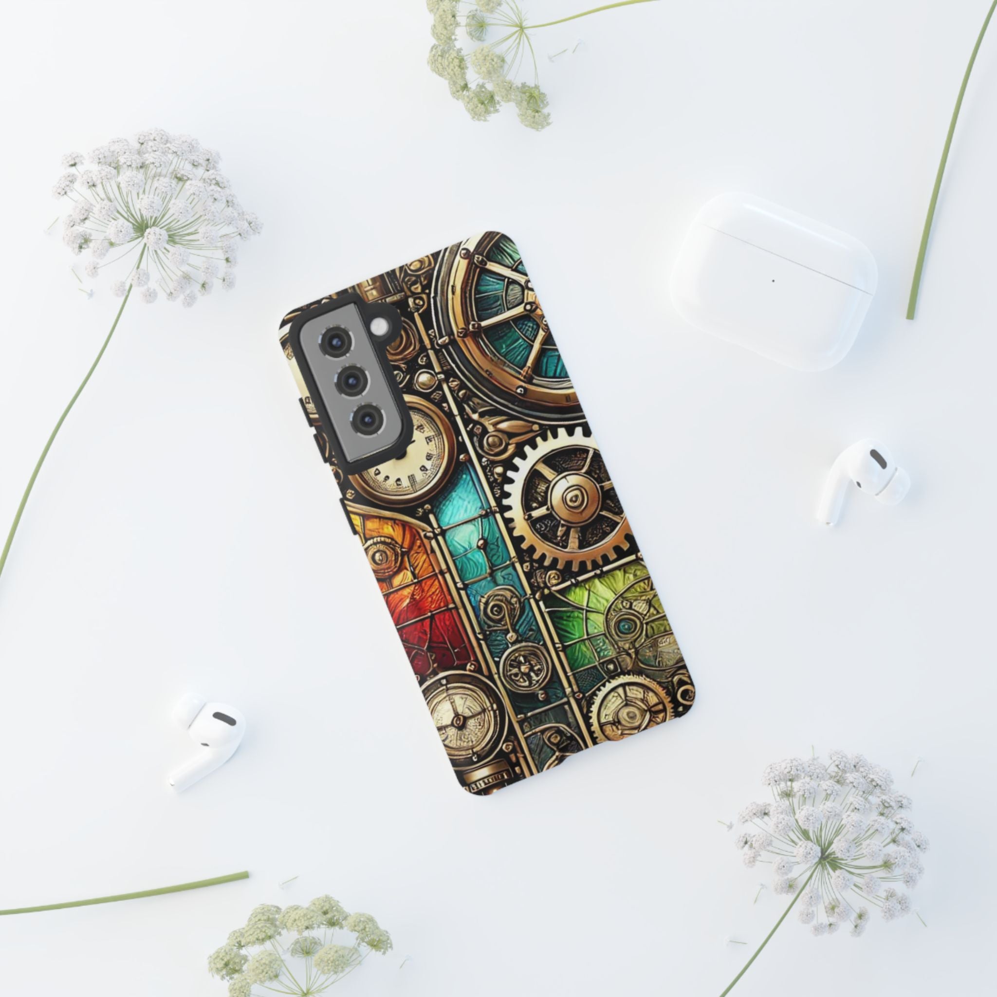 Steampunk Meets Stained Glass Android Case, Artistic Gear Design, Vintage Tech Accessory, Steampunk Decor, Faux Stained Glass Tech Decor