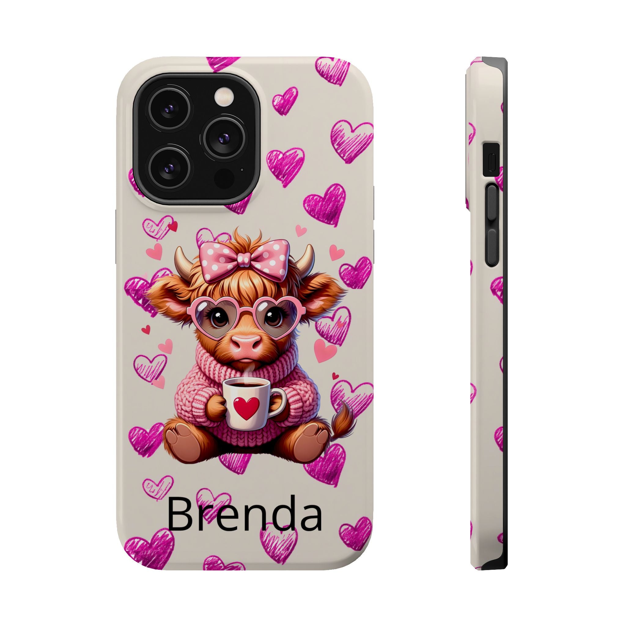 Highland Cow With Pink Hearts iPhone Case, Valentines Magnetic Impact-Resistant Case