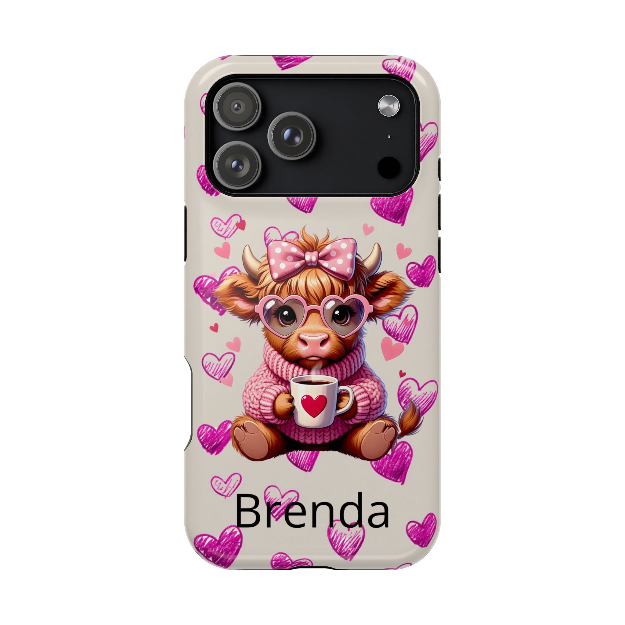 Highland Cow With Pink Hearts iPhone Case, Valentines Magnetic Impact-Resistant Case
