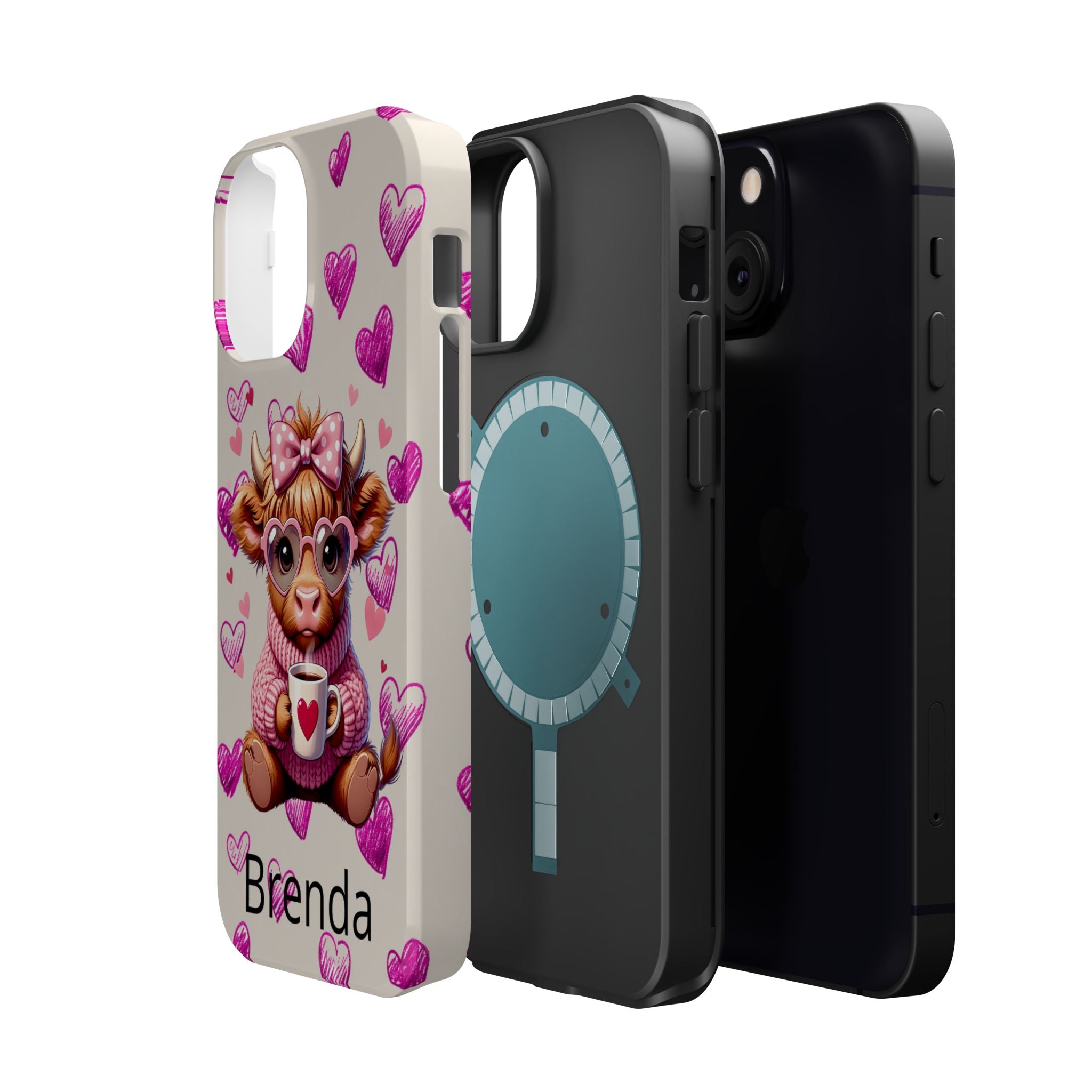 Highland Cow With Pink Hearts iPhone Case, Valentines Magnetic Impact-Resistant Case