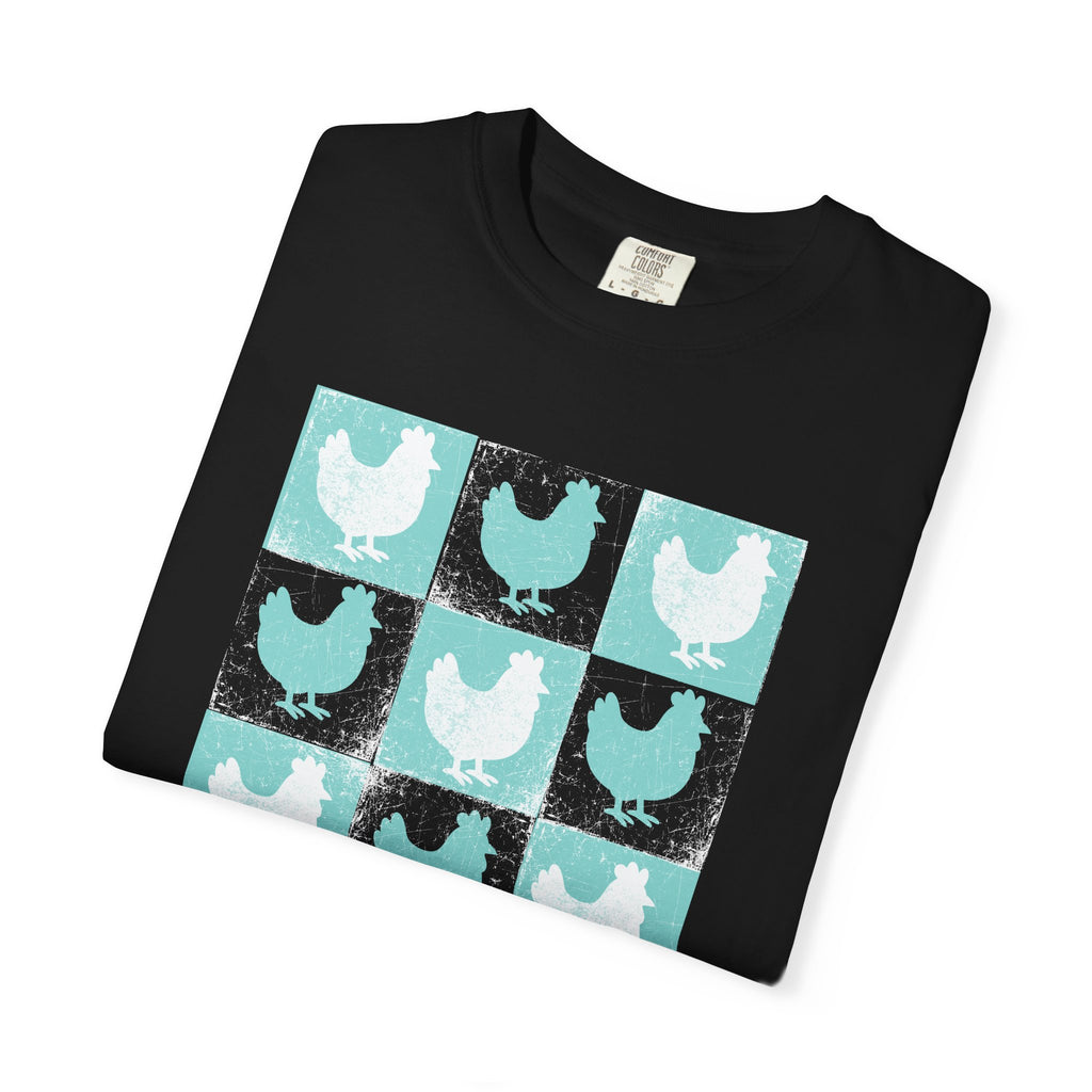 Whimsical Chicken Art T-Shirt, Checkerboard Rooster Shirt , Chicken Lover Tee