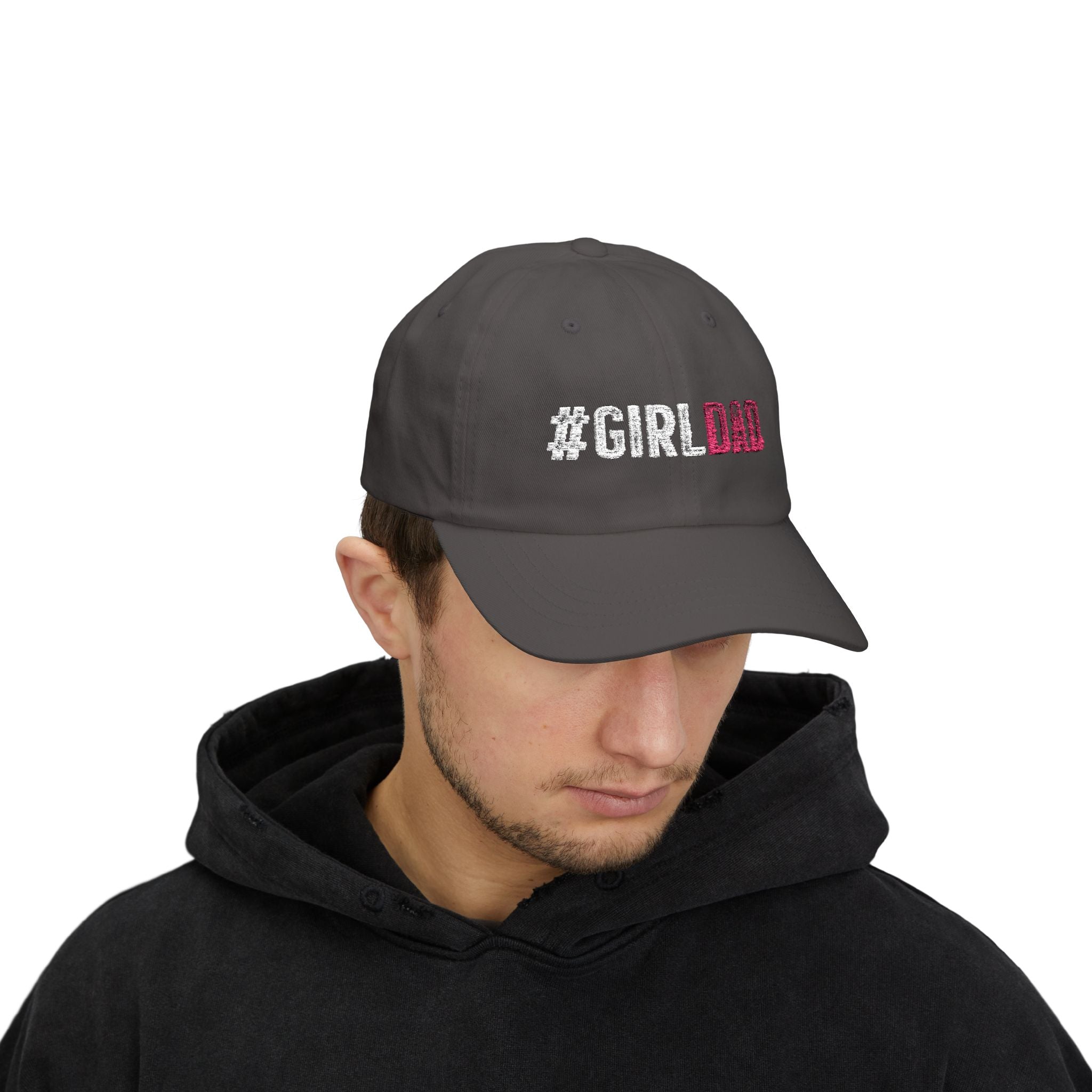 #GIRLDAD Embroidered Classic Dad Cap — Pink & White Distressed Hat for Proud Fathers
