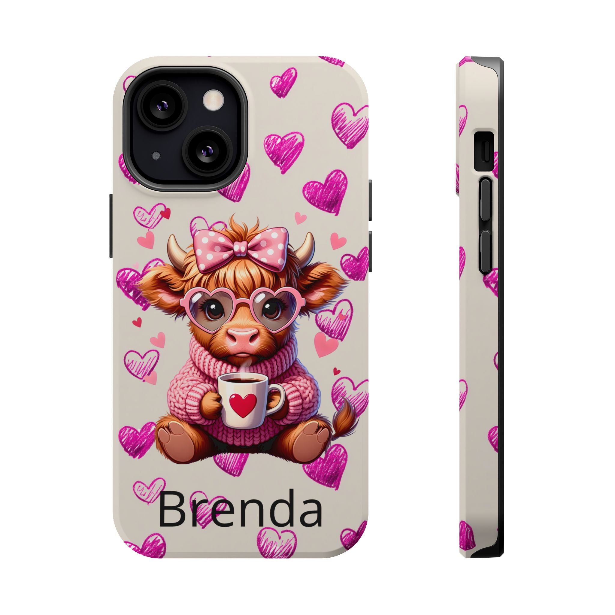 Highland Cow With Pink Hearts iPhone Case, Valentines Magnetic Impact-Resistant Case