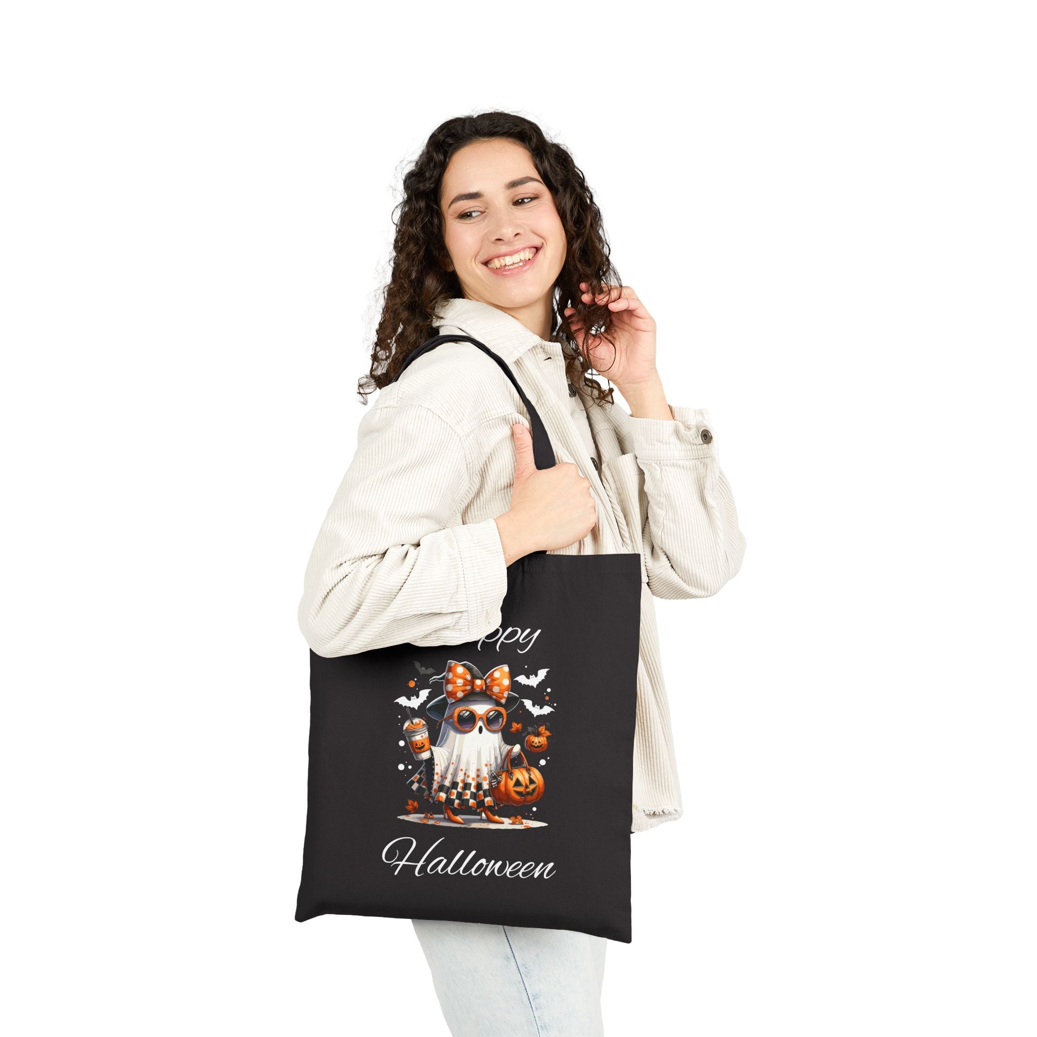 Cotton Canvas Halloween Trick or Treat Tote Bag, Fall Decor Reusable Shopping Bag Bougie Ghost Design Teacher Gift Sturdy Student Laptop Bag