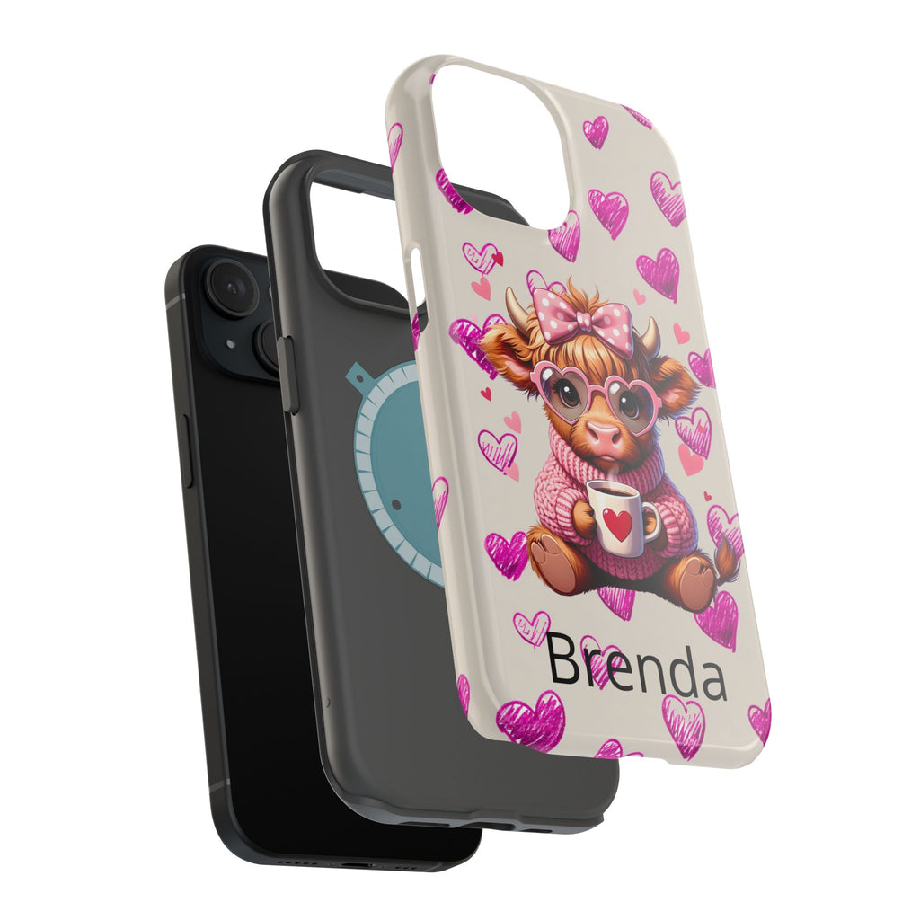 Highland Cow With Pink Hearts iPhone Case, Valentines Magnetic Impact-Resistant Case