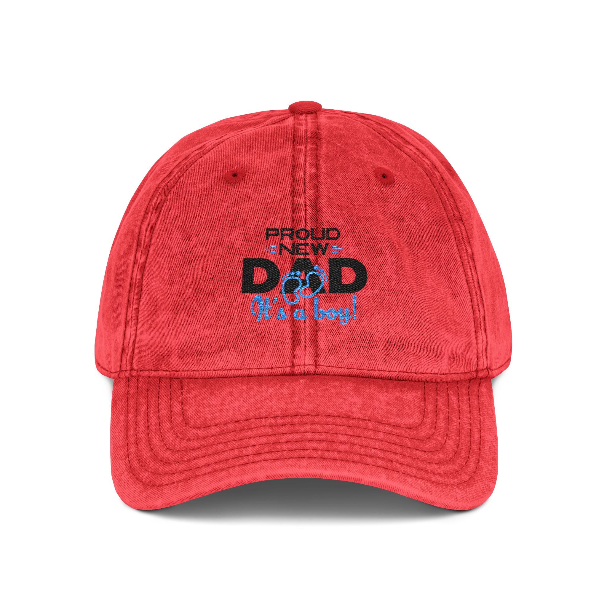 Vintage Embroidered 'Proud New Dad' Cap — Distressed Red Baseball Hat