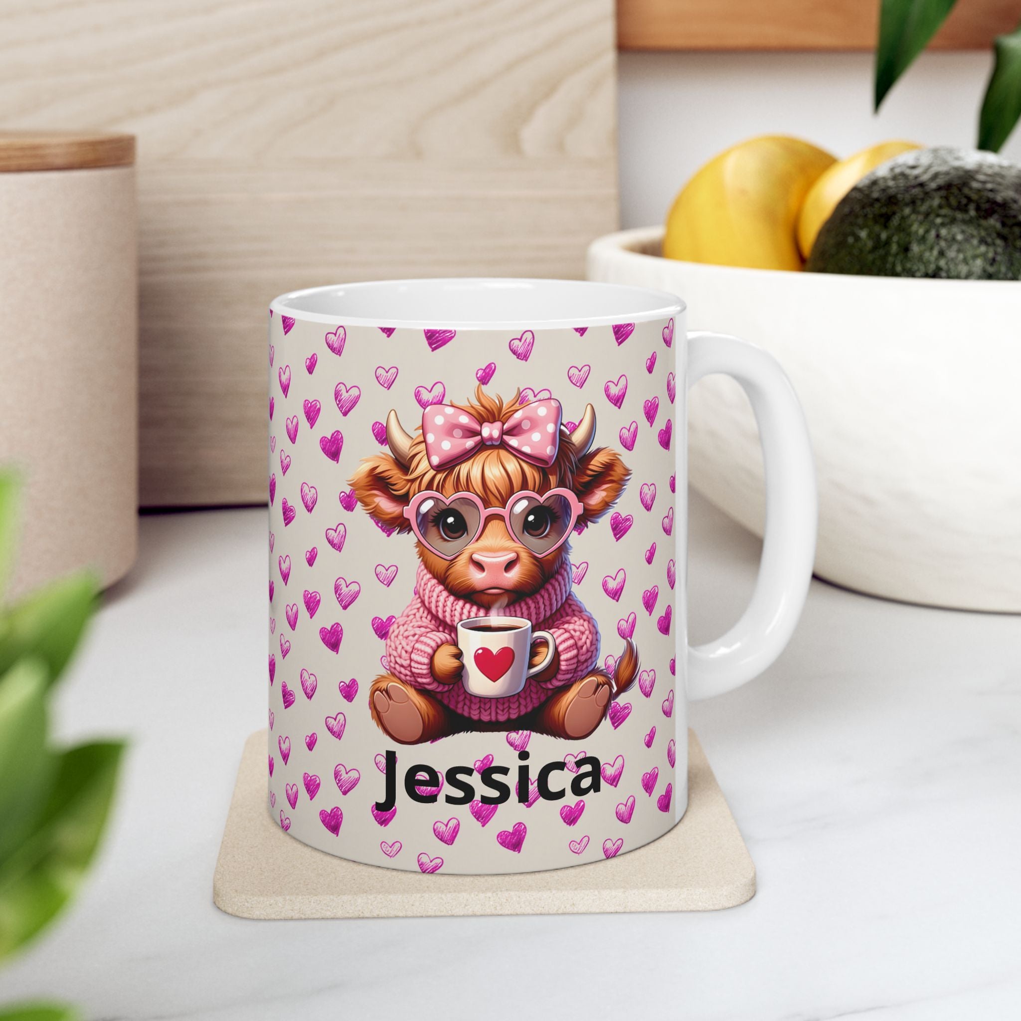 Custom Highland Cow With Pink Hearts Mug, Personalized Valentine Ceramic Coffee Cup