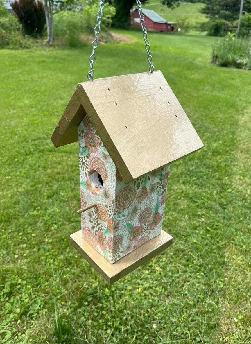 Handmade Gold Floral Wooden Birdhouse