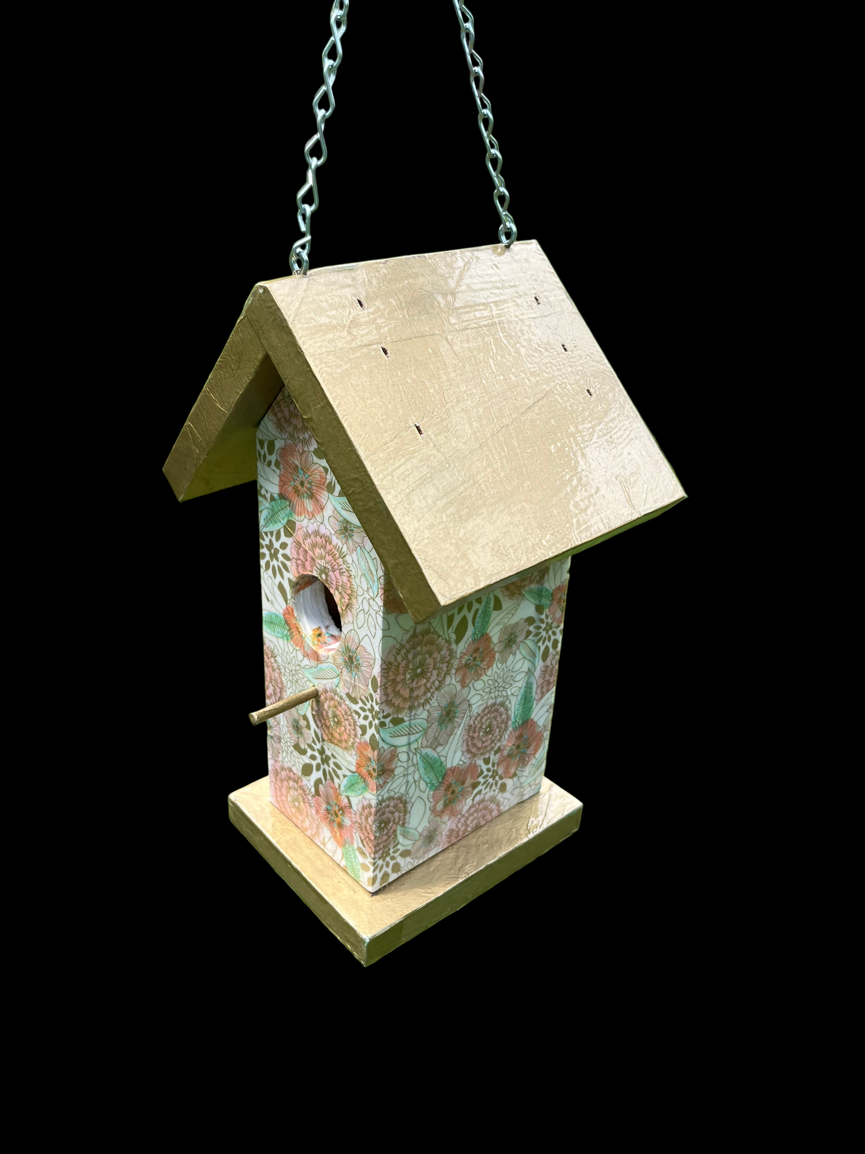 Handmade Gold Floral Wooden Birdhouse