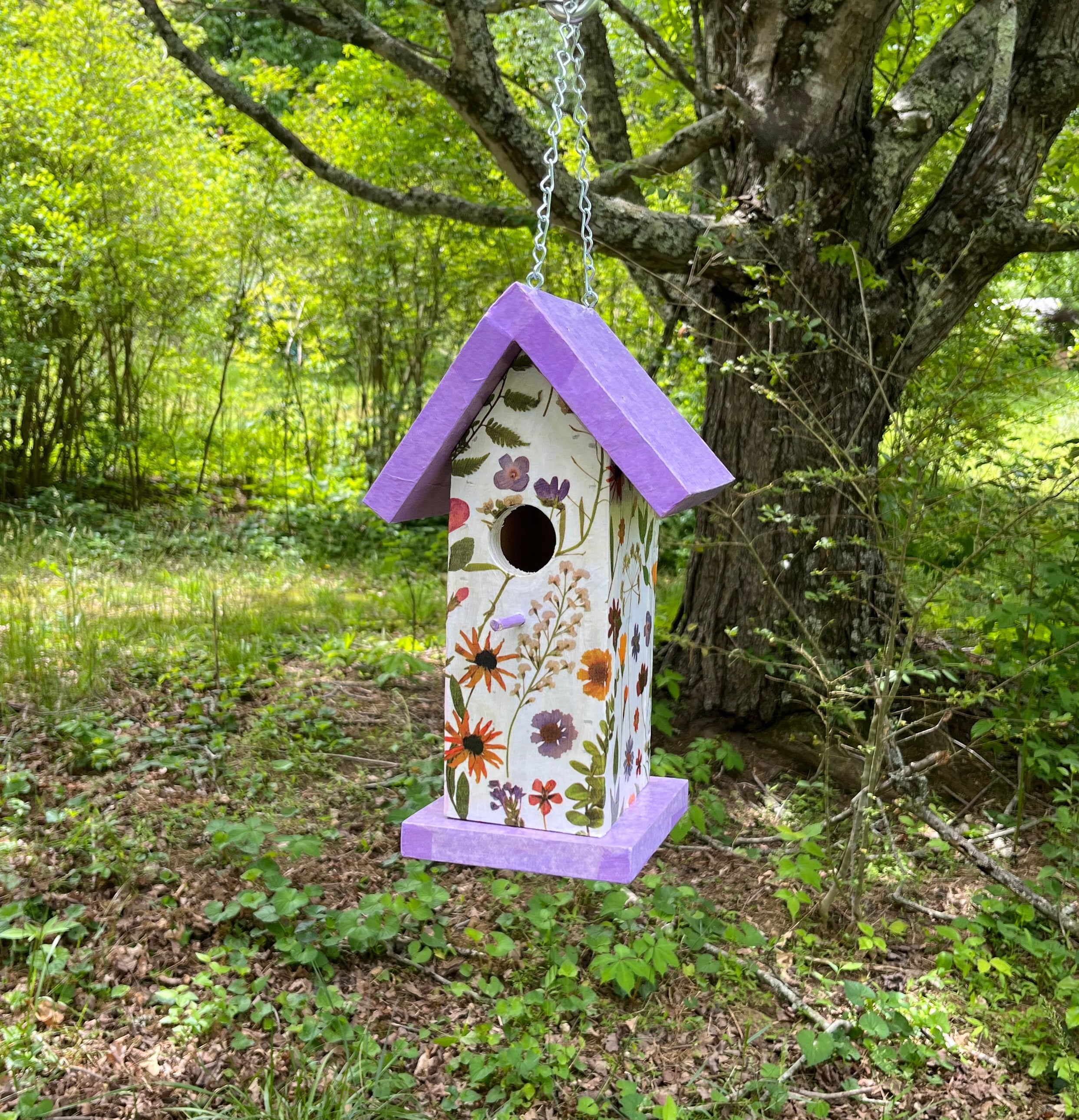Handmade Purple Wildflower Wooden Birdhouse