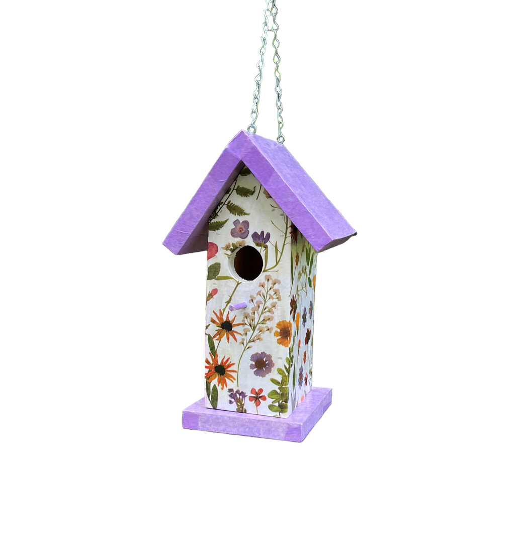 Handmade Purple Wildflower Wooden Birdhouse