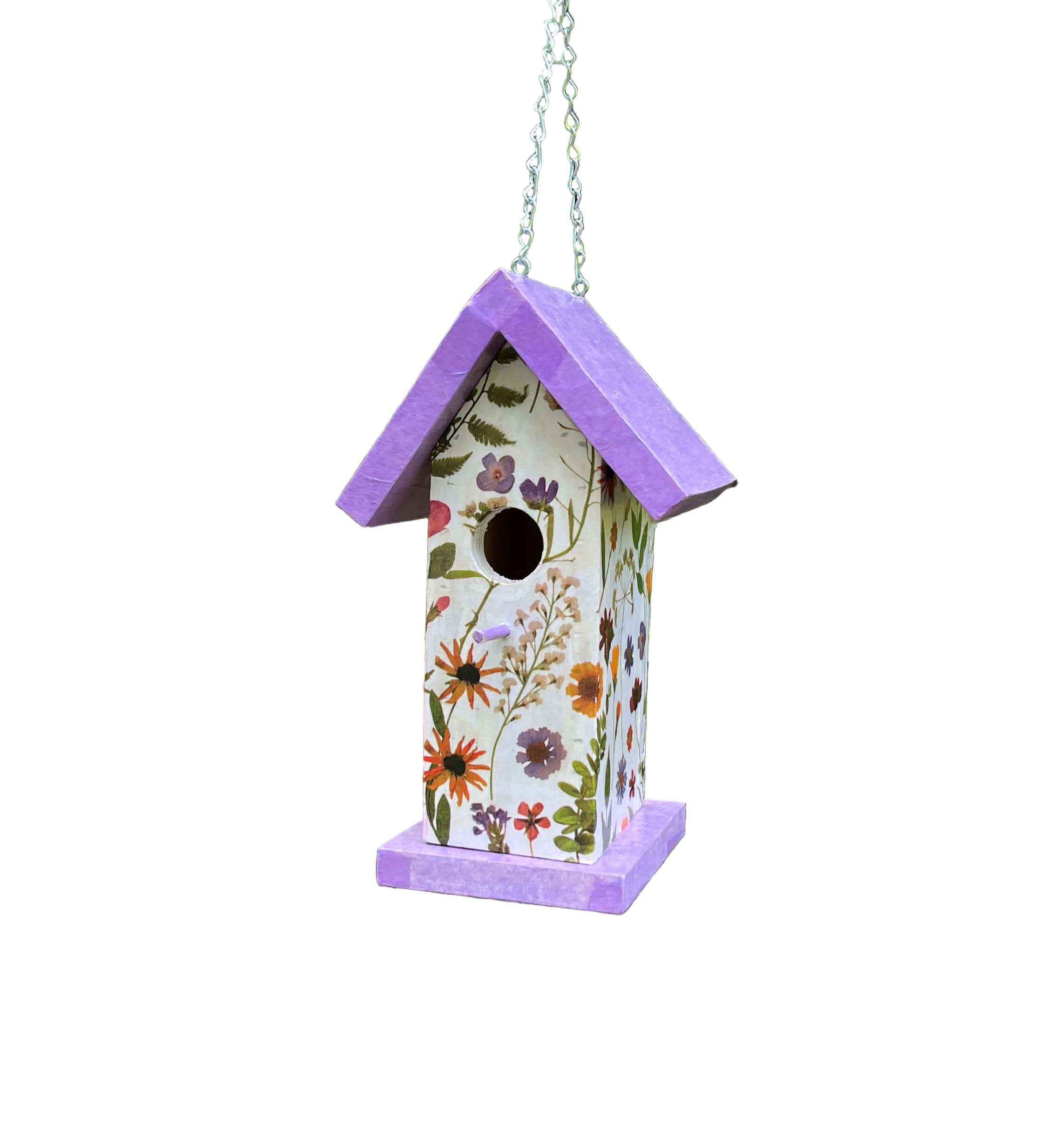 Handmade Purple Wildflower Wooden Birdhouse